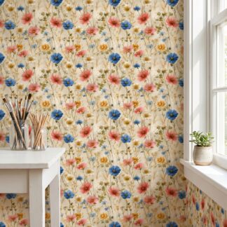 Vintage Wildflower Meadow Wallpaper in Blue and Pink, Peel and Stick Wallpaper, Removable Wall Mural for a Romantic Bedroom Accent Wall