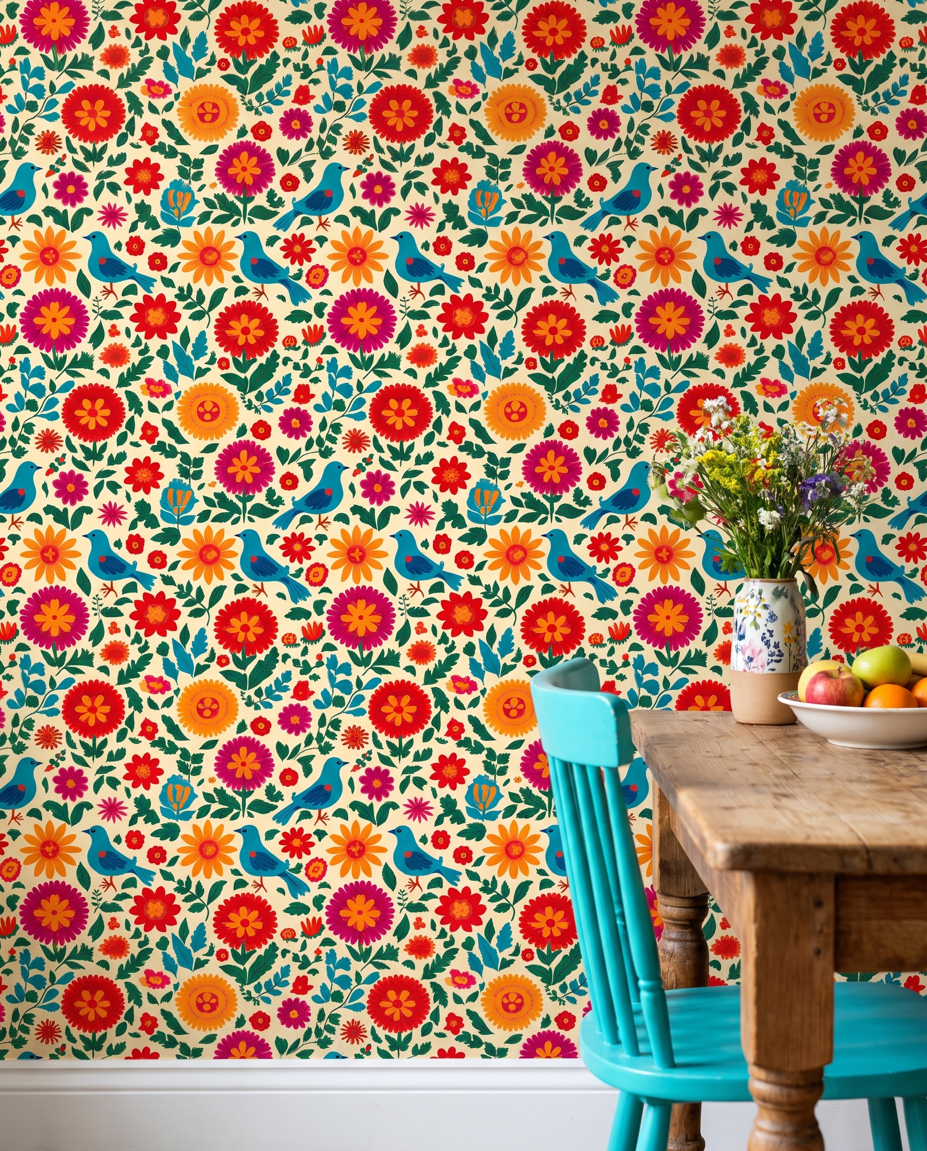Folk Art Birds and Flowers Wallpaper, Colorful Otomi Inspired Pattern, Removable Peel and Stick Wallpaper for Nursery Accent Wall