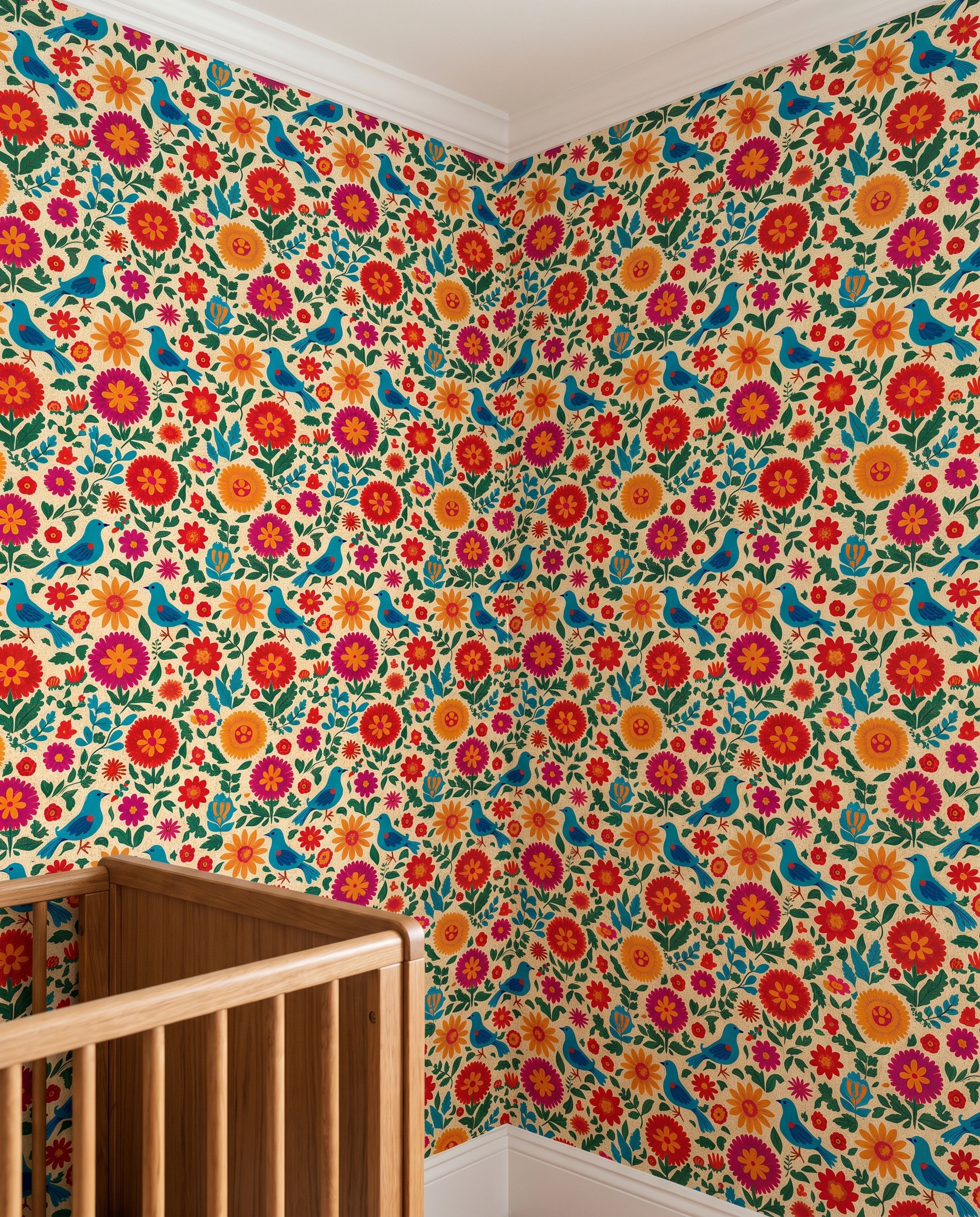 Folk Art Birds and Flowers Wallpaper, Colorful Otomi Inspired Pattern, Removable Peel and Stick Wallpaper for Nursery Accent Wall