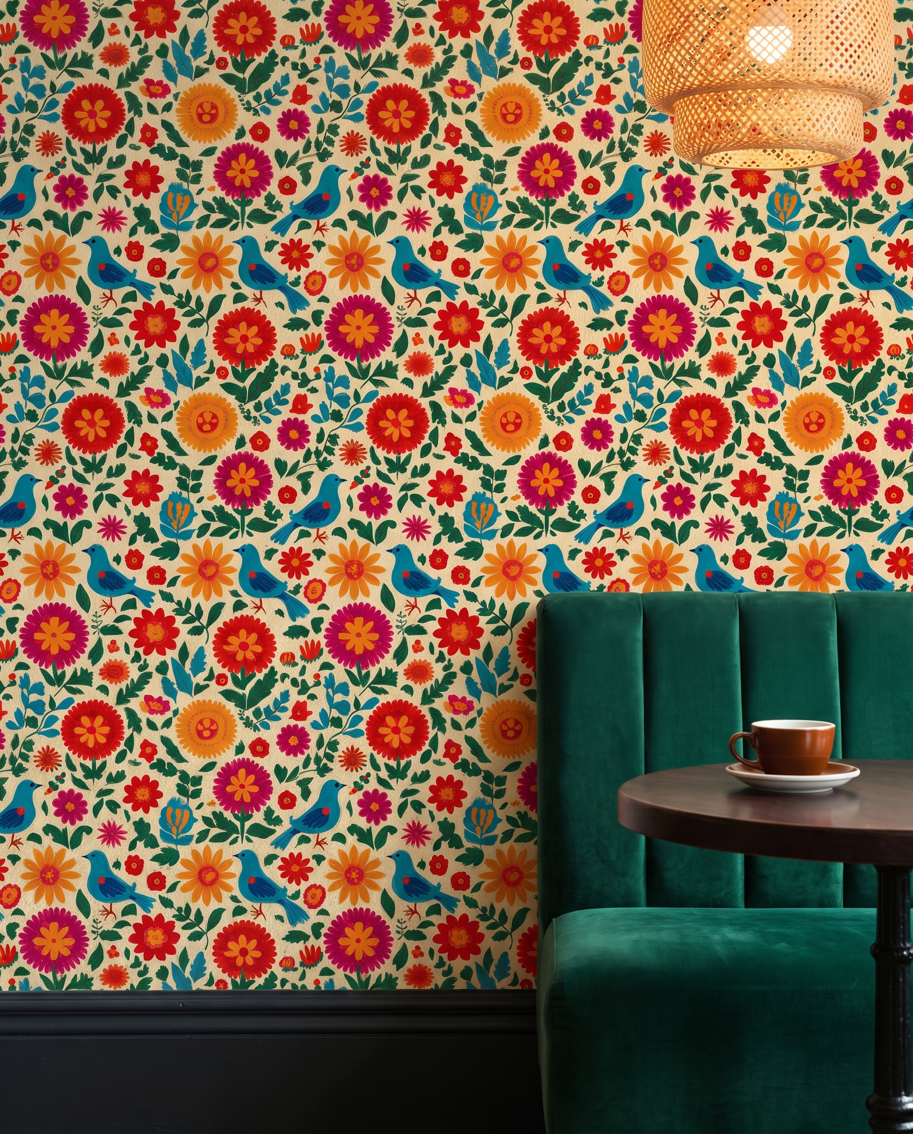 Folk Art Birds and Flowers Wallpaper, Colorful Otomi Inspired Pattern, Removable Peel and Stick Wallpaper for Nursery Accent Wall