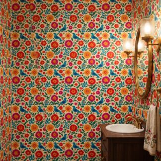 Folk Art Birds and Flowers Wallpaper, Colorful Otomi Inspired Pattern, Removable Peel and Stick Wallpaper for Nursery Accent Wall