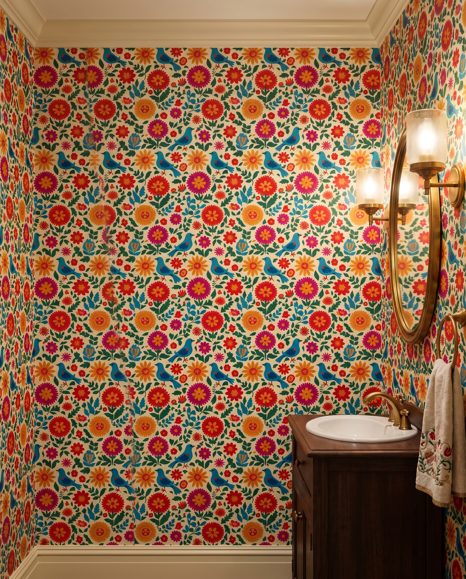 Folk Art Birds and Flowers Wallpaper, Colorful Otomi Inspired Pattern, Removable Peel and Stick Wallpaper for Nursery Accent Wall