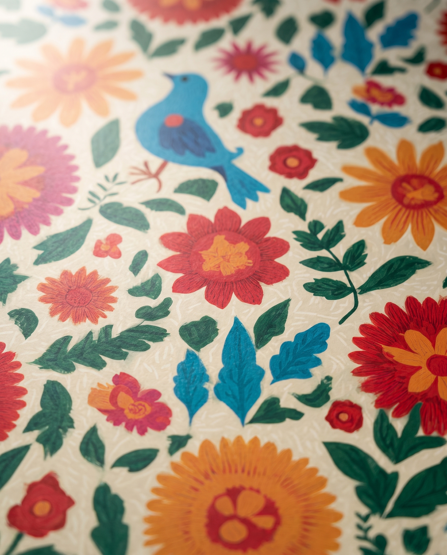 Folk Art Birds and Flowers Wallpaper, Colorful Otomi Inspired Pattern, Removable Peel and Stick Wallpaper for Nursery Accent Wall