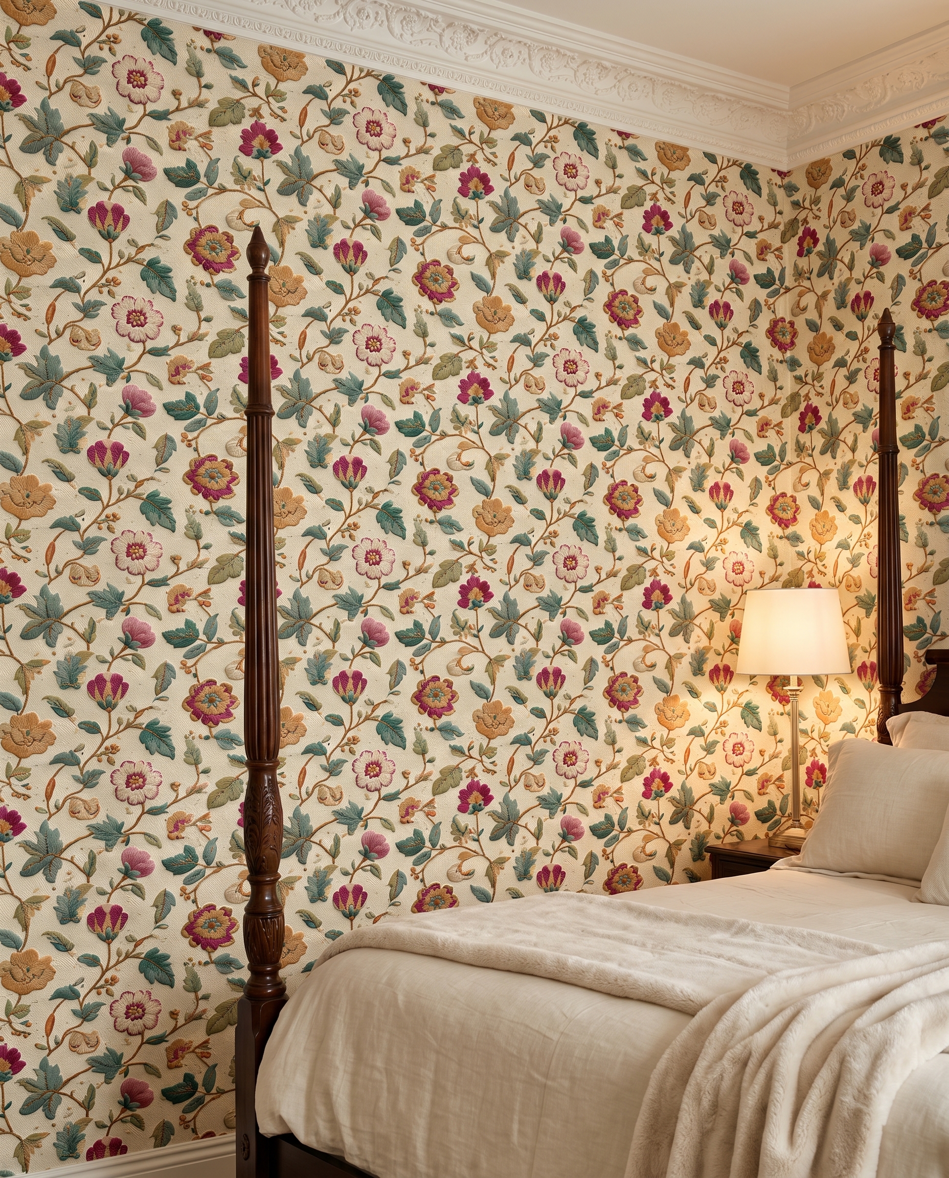 Vintage Embroidered Floral Wallpaper, Muted Botanical Wall Mural, Peel and Stick Wallpaper for a Classic Bedroom Accent Wall