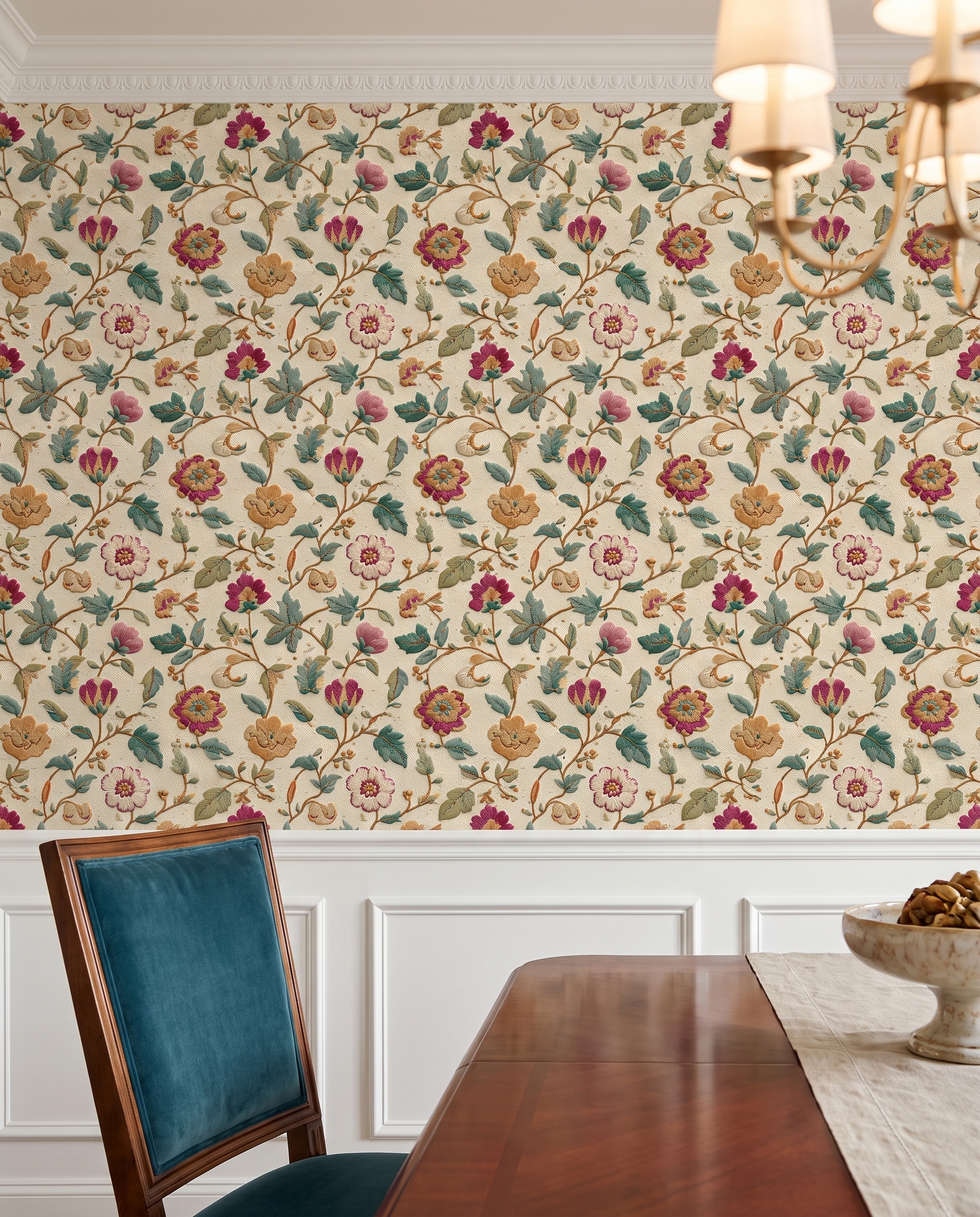 Vintage Embroidered Floral Wallpaper, Muted Botanical Wall Mural, Peel and Stick Wallpaper for a Classic Bedroom Accent Wall