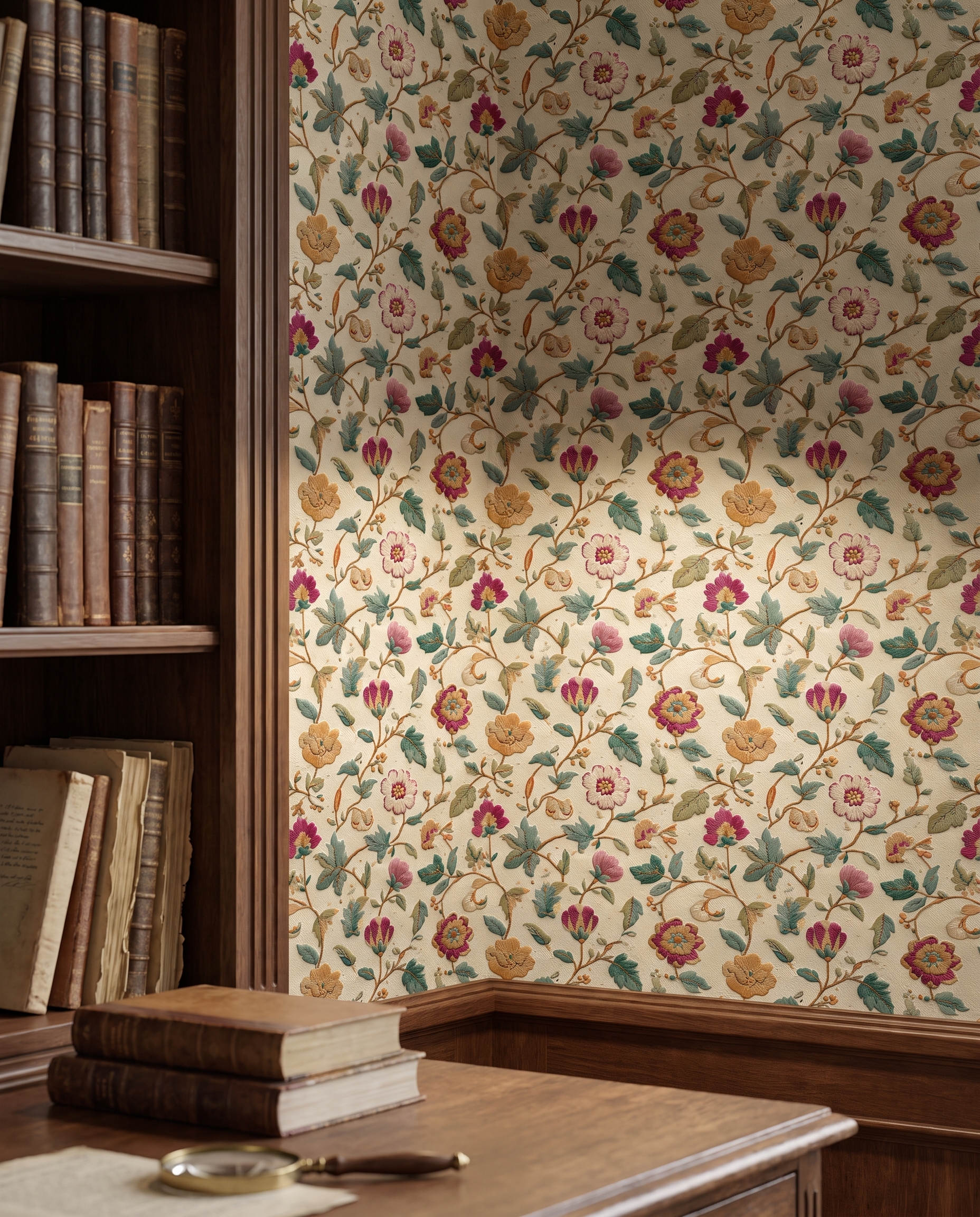 Vintage Embroidered Floral Wallpaper, Muted Botanical Wall Mural, Peel and Stick Wallpaper for a Classic Bedroom Accent Wall