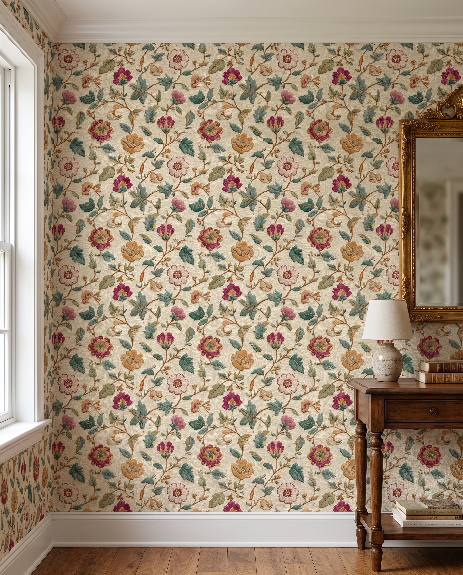 Vintage Embroidered Floral Wallpaper, Muted Botanical Wall Mural, Peel and Stick Wallpaper for a Classic Bedroom Accent Wall