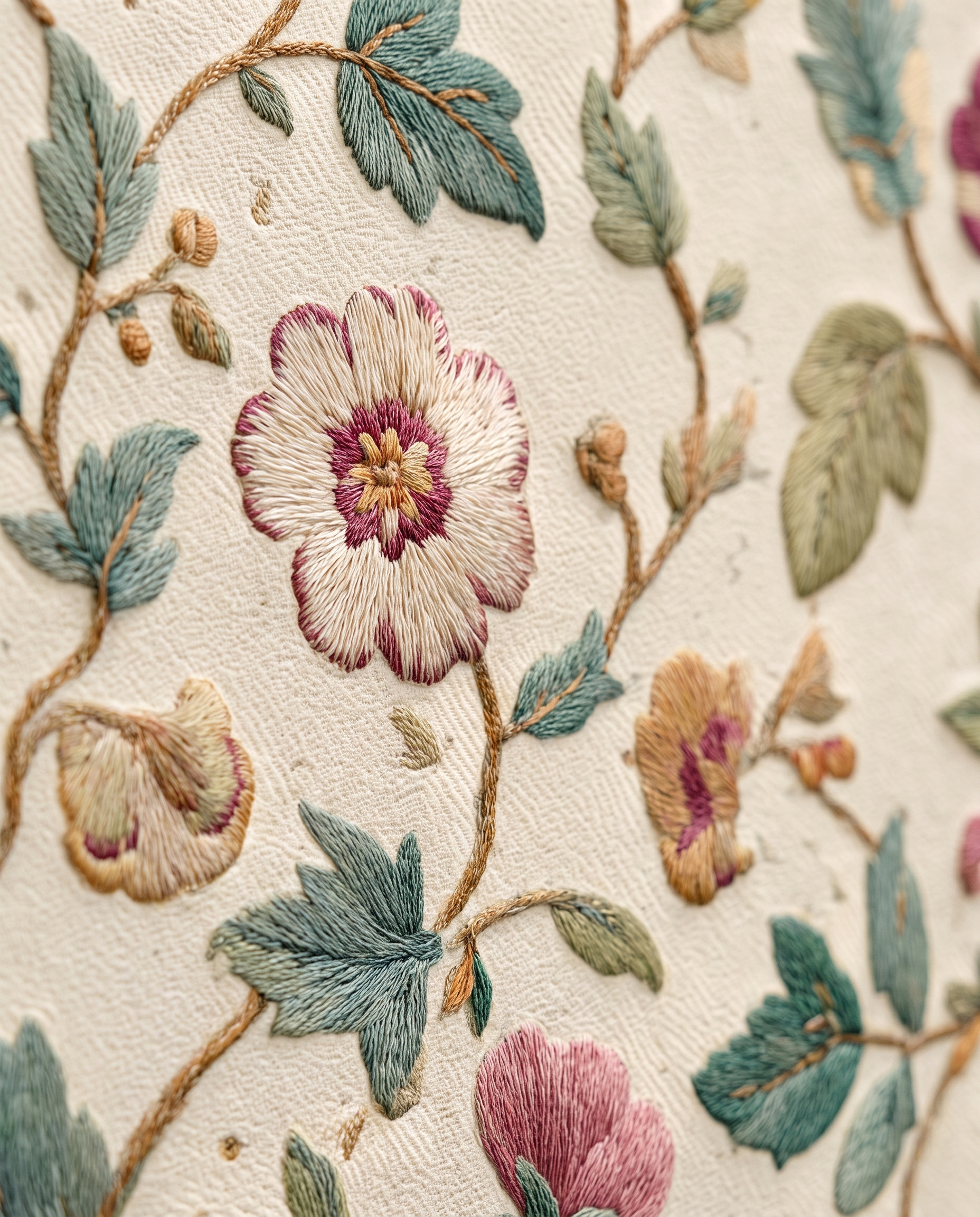 Vintage Embroidered Floral Wallpaper, Muted Botanical Wall Mural, Peel and Stick Wallpaper for a Classic Bedroom Accent Wall