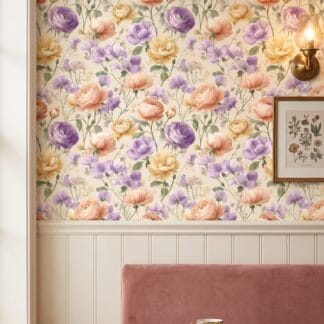 Vintage Floral Garden Wallpaper in Peach and Lavender, Removable Peel and Stick Wallpaper, Romantic Bedroom Accent Wall
