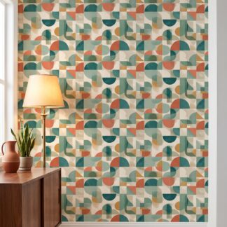 Geometric Retro Shapes Wallpaper in Teal and Terracotta, Modern Block Print Self Adhesive Wallpaper for a Living Room Accent Wall