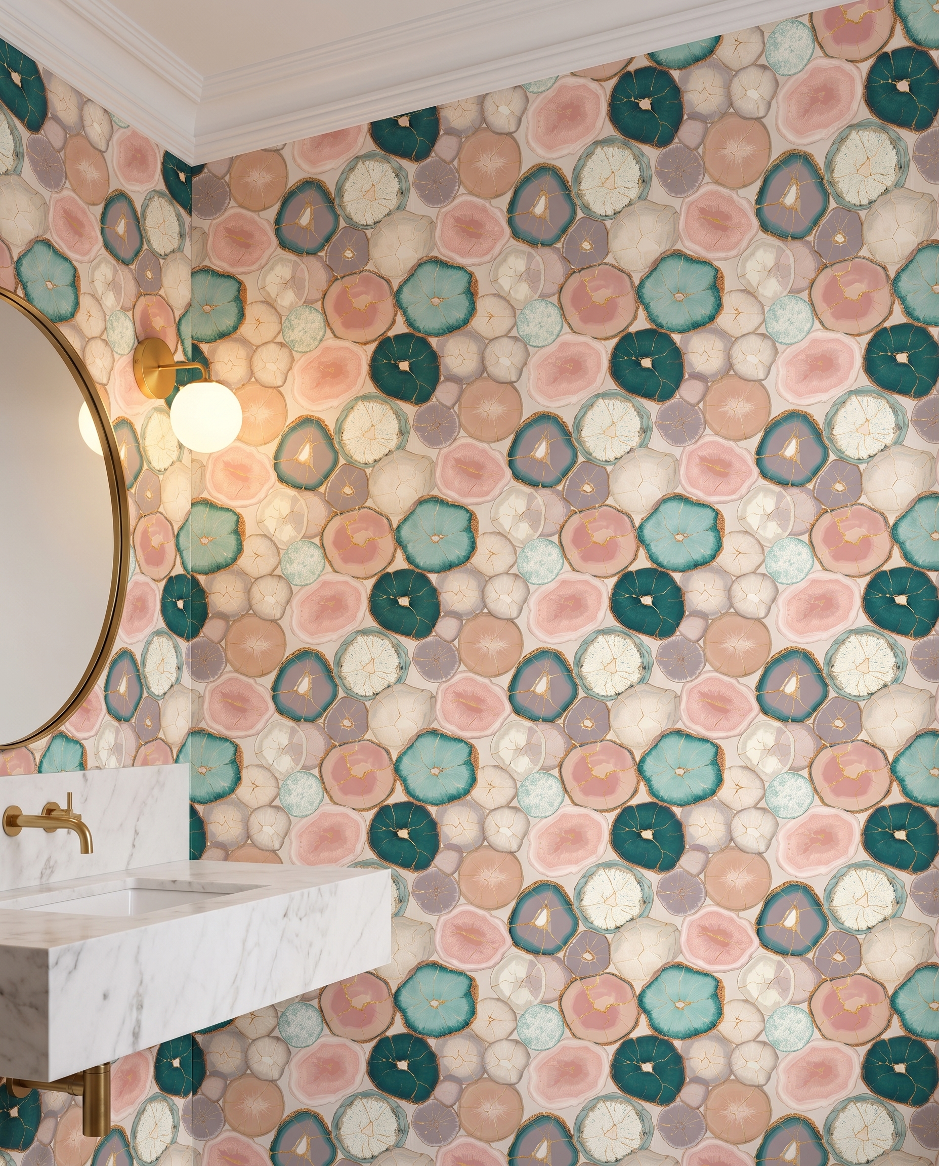 Abstract Agate Slice Wallpaper in Teal and Pink with Gold Veins, Removable Peel and Stick Wallpaper for a Modern Accent Wall