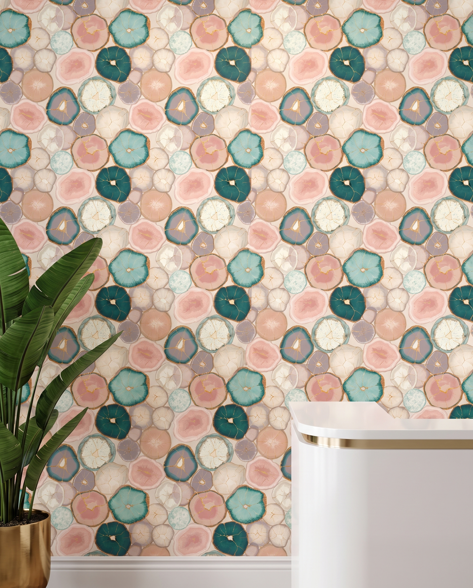 Abstract Agate Slice Wallpaper in Teal and Pink with Gold Veins, Removable Peel and Stick Wallpaper for a Modern Accent Wall