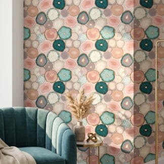 Abstract Agate Slice Wallpaper in Teal and Pink with Gold Veins, Removable Peel and Stick Wallpaper for a Modern Accent Wall