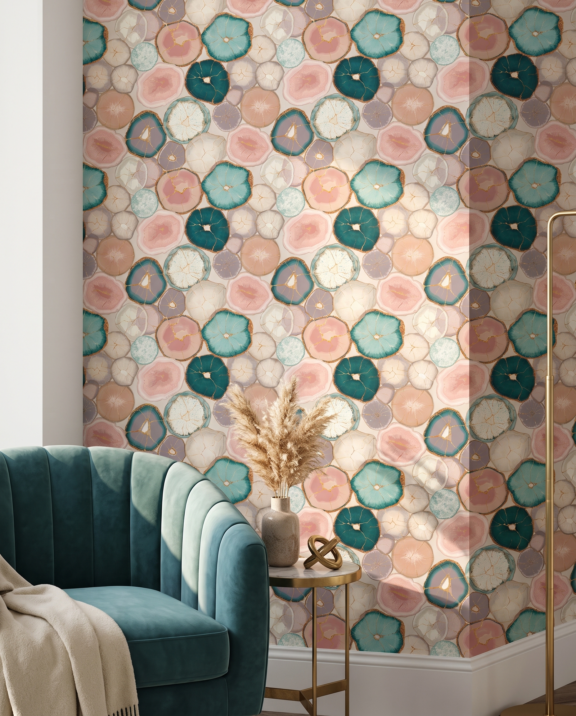 Abstract Agate Slice Wallpaper in Teal and Pink with Gold Veins, Removable Peel and Stick Wallpaper for a Modern Accent Wall