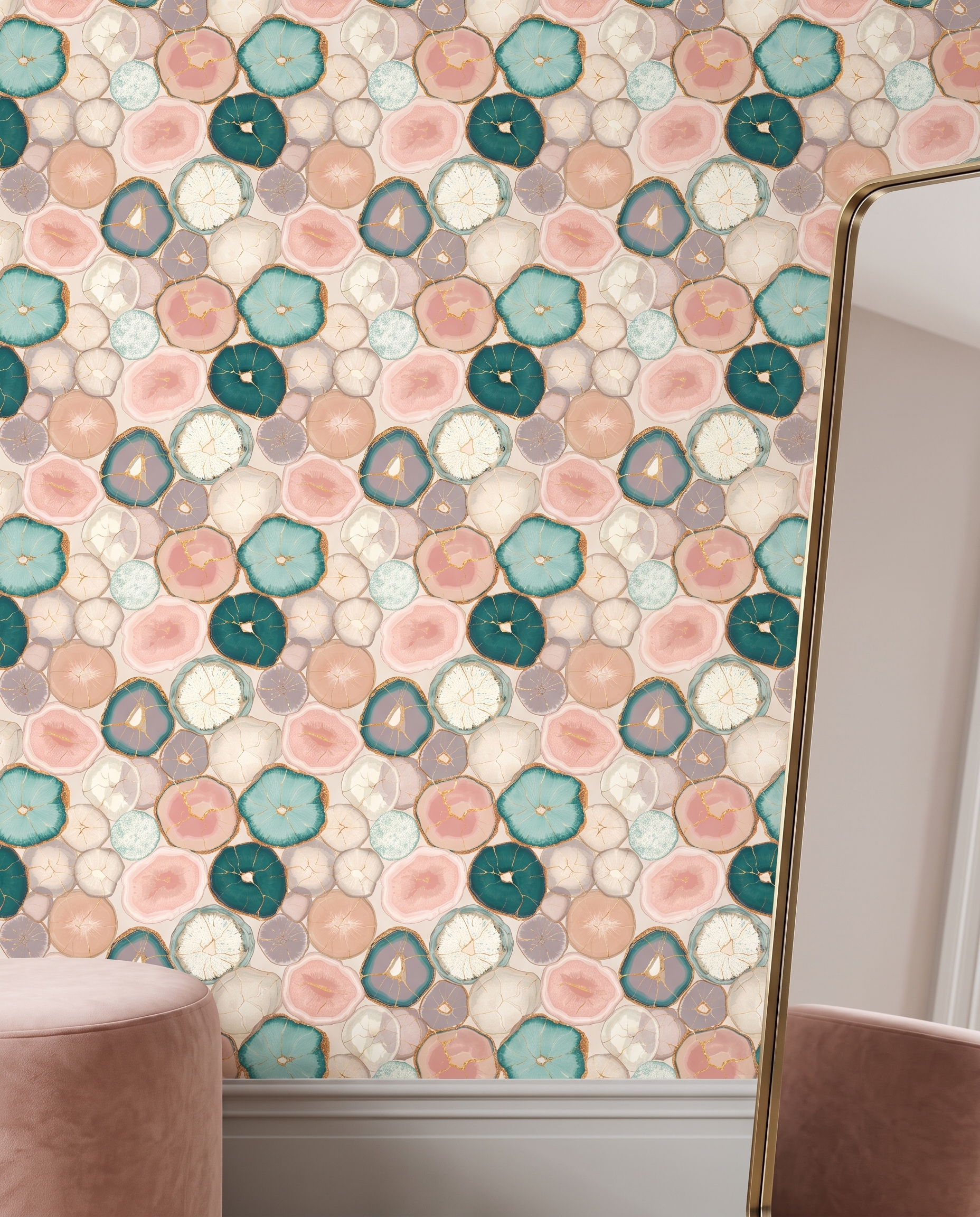 Abstract Agate Slice Wallpaper in Teal and Pink with Gold Veins, Removable Peel and Stick Wallpaper for a Modern Accent Wall
