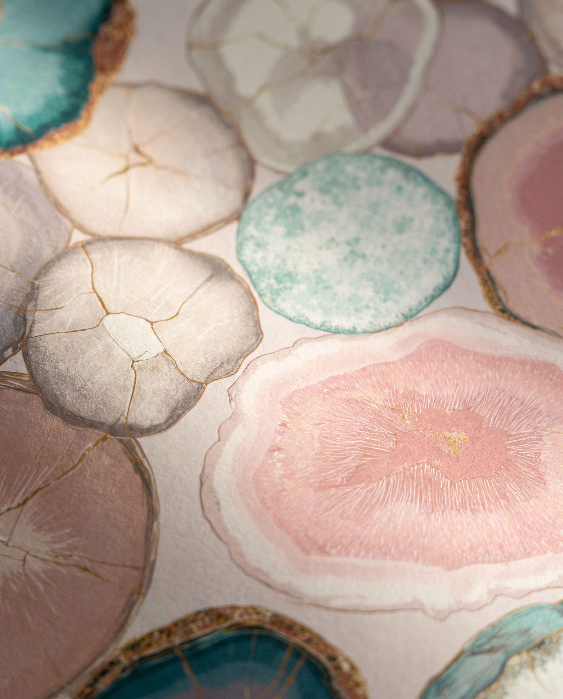 Abstract Agate Slice Wallpaper in Teal and Pink with Gold Veins, Removable Peel and Stick Wallpaper for a Modern Accent Wall