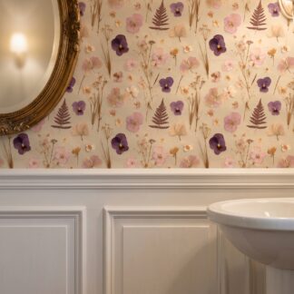 Pressed Pansy Floral Wallpaper, Vintage Botanical Cream and Purple Wall Mural, Removable Peel and Stick Wallpaper for Bedroom Accent Wall