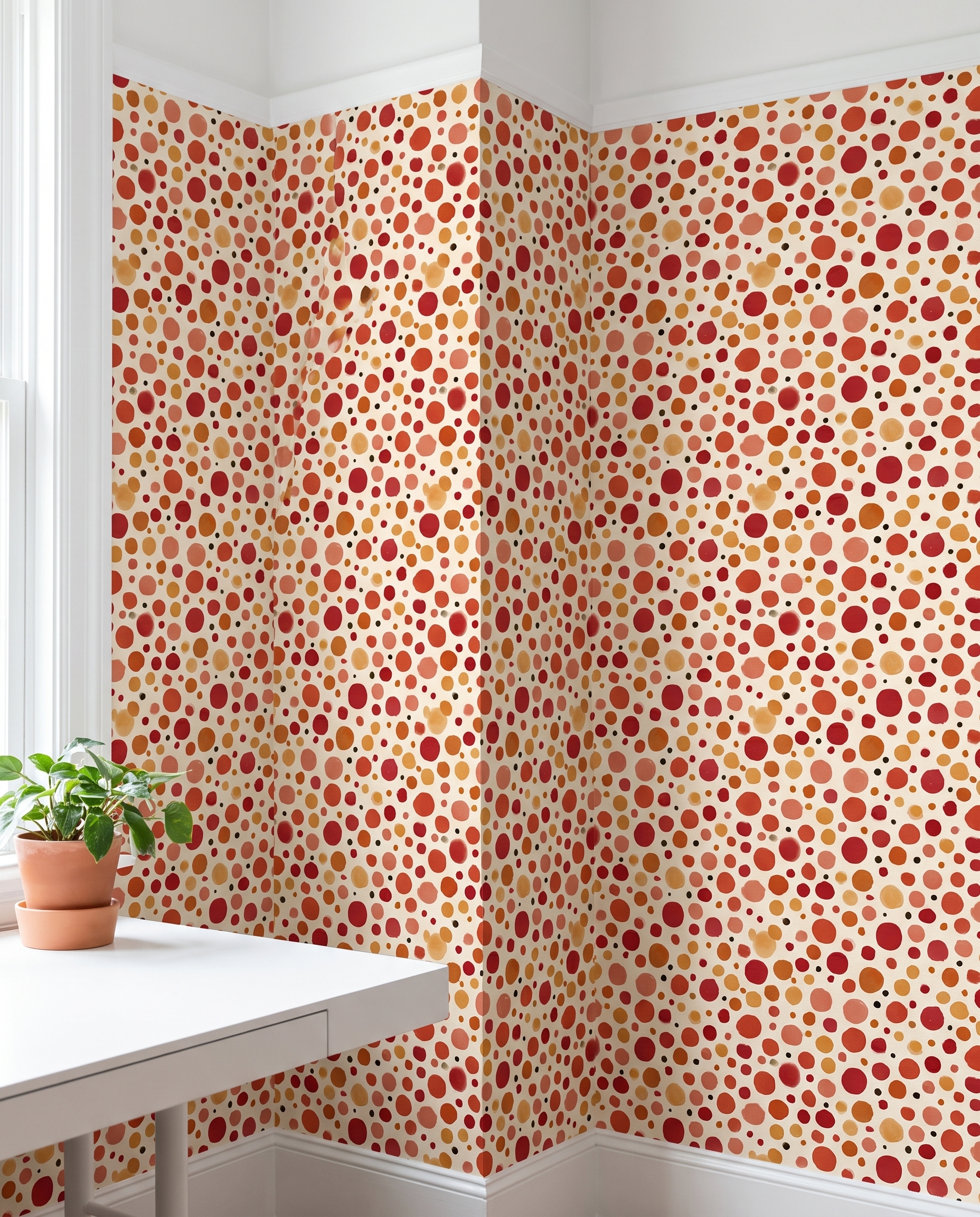 Watercolor Polka Dot Wallpaper in Warm Red and Orange, Removable Peel and Stick Wallpaper for Nursery or Kids Room Accent Wall