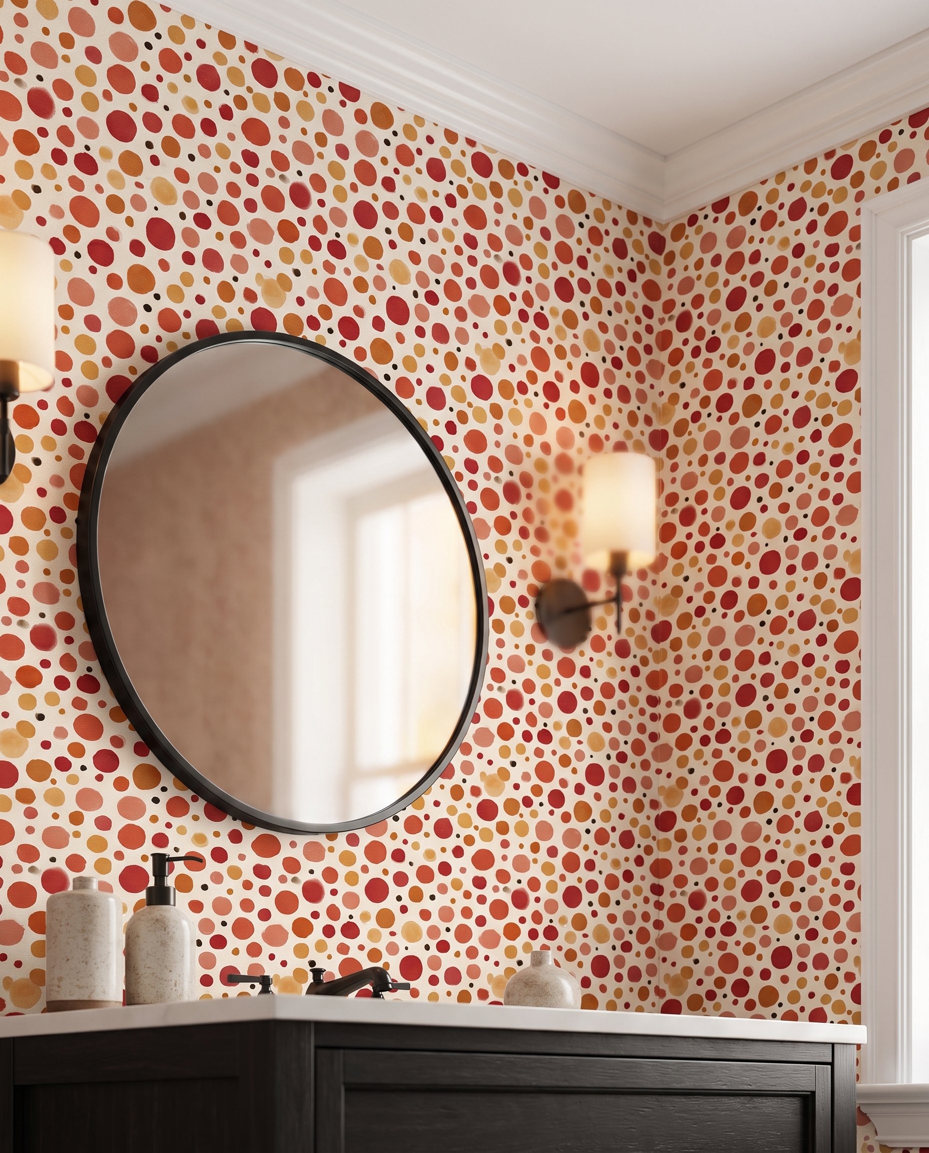 Watercolor Polka Dot Wallpaper in Warm Red and Orange, Removable Peel and Stick Wallpaper for Nursery or Kids Room Accent Wall