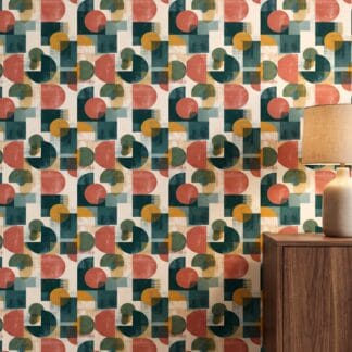 Mid-Century Geometric Shapes Wallpaper in Teal and Terracotta, Abstract Peel and Stick Wallpaper for a Modern Living Room Accent Wall