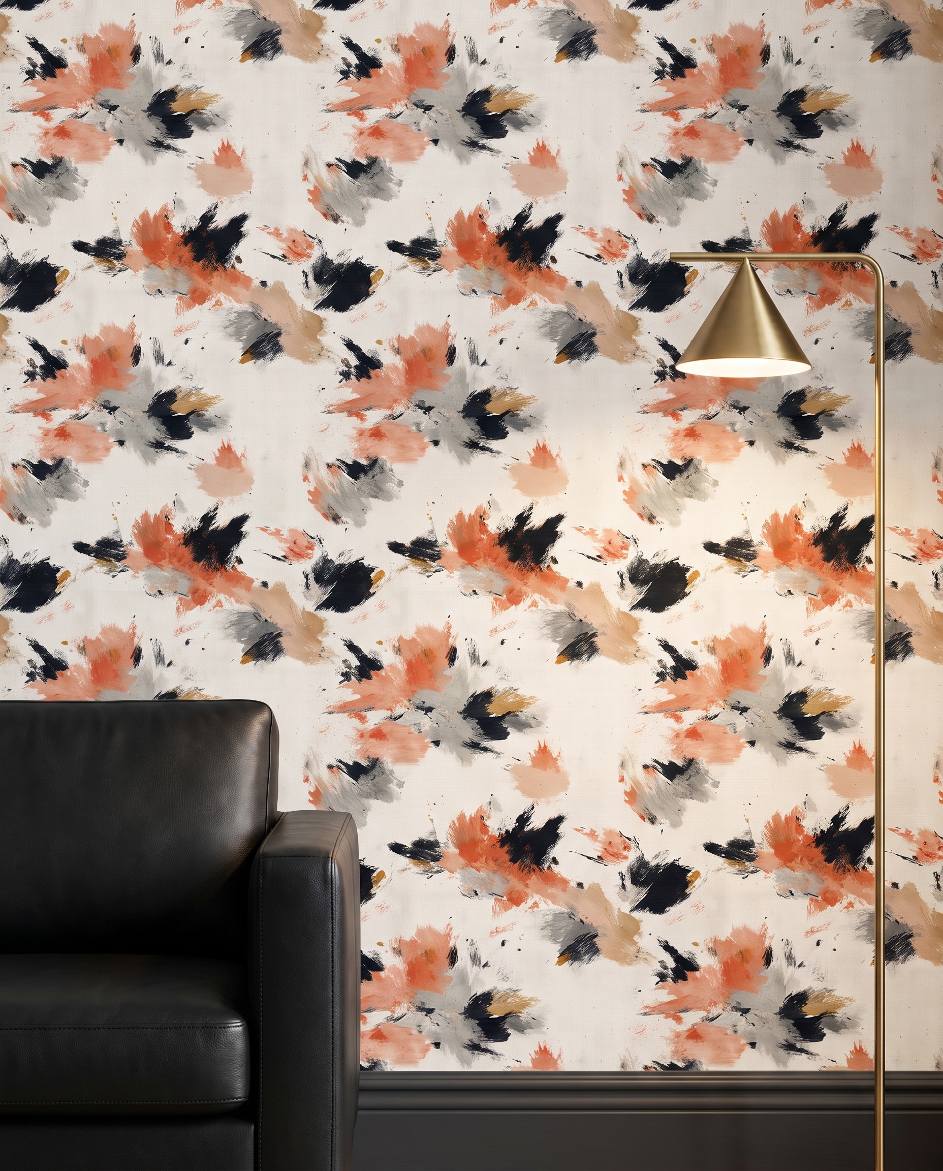 Abstract Brushstroke Wallpaper in Terracotta, Black and Grey, Contemporary Painterly Peel and Stick Wallpaper for a Modern Bedroom Accent Wall