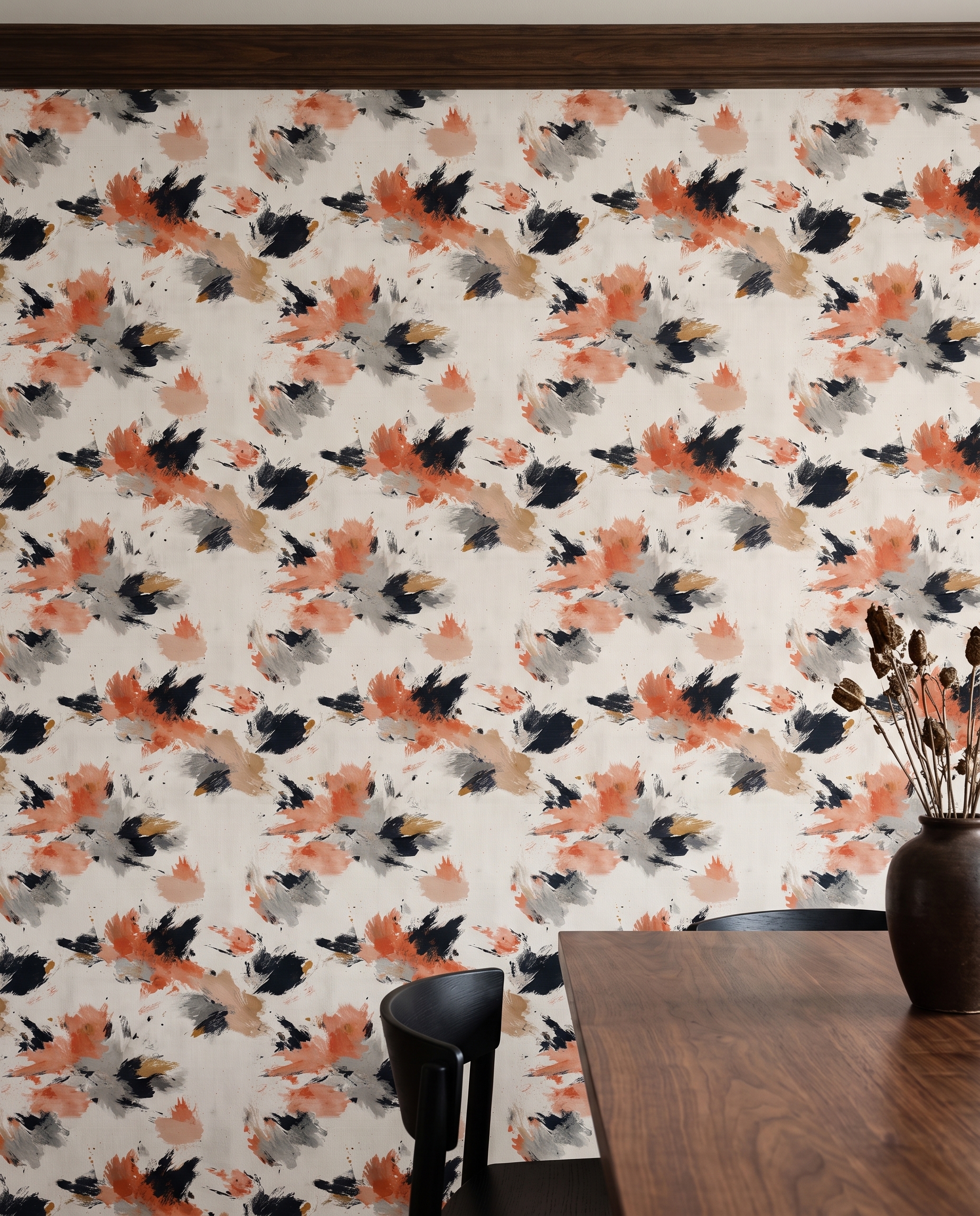 Abstract Brushstroke Wallpaper in Terracotta, Black and Grey, Contemporary Painterly Peel and Stick Wallpaper for a Modern Bedroom Accent Wall