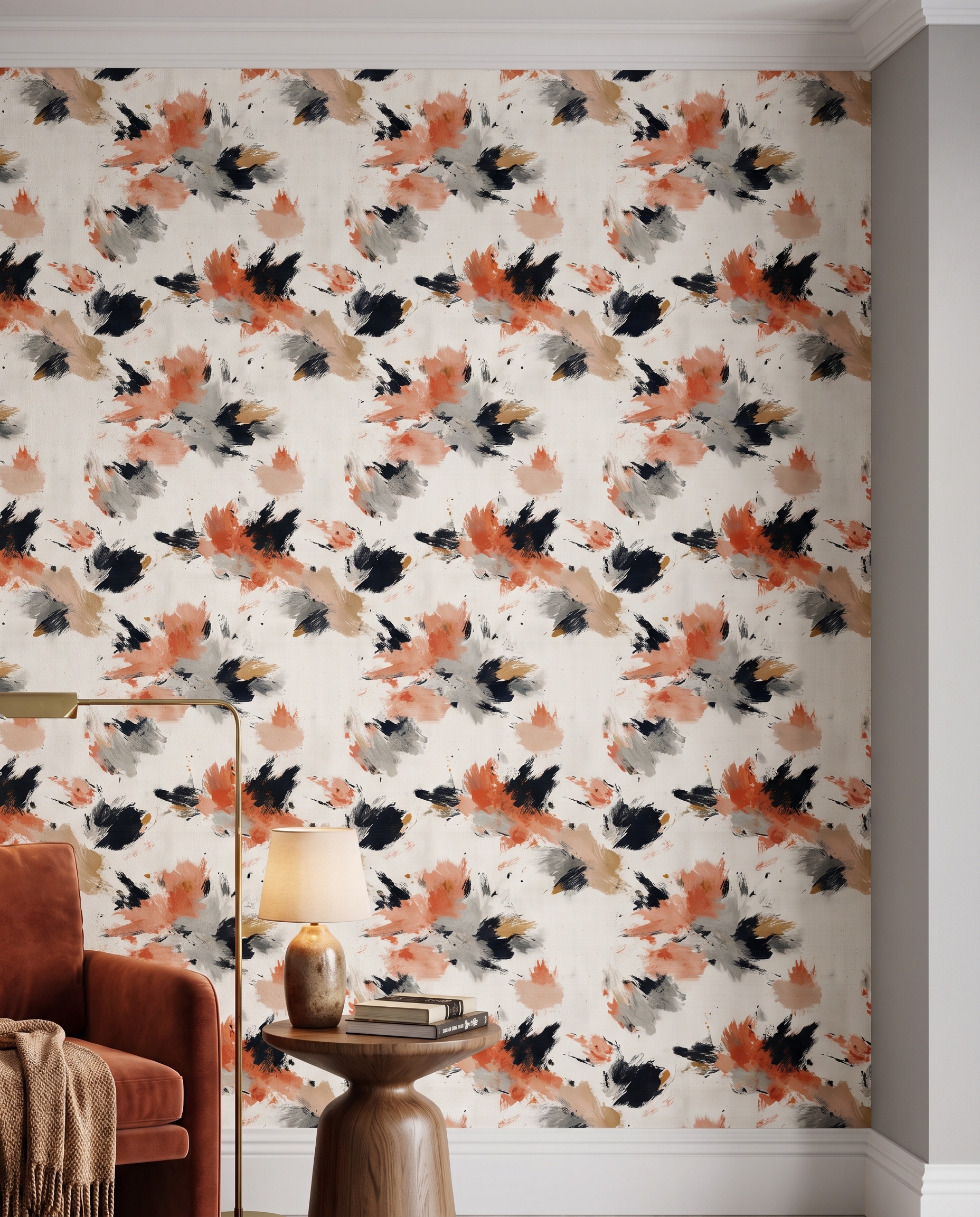 Abstract Brushstroke Wallpaper in Terracotta, Black and Grey, Contemporary Painterly Peel and Stick Wallpaper for a Modern Bedroom Accent Wall