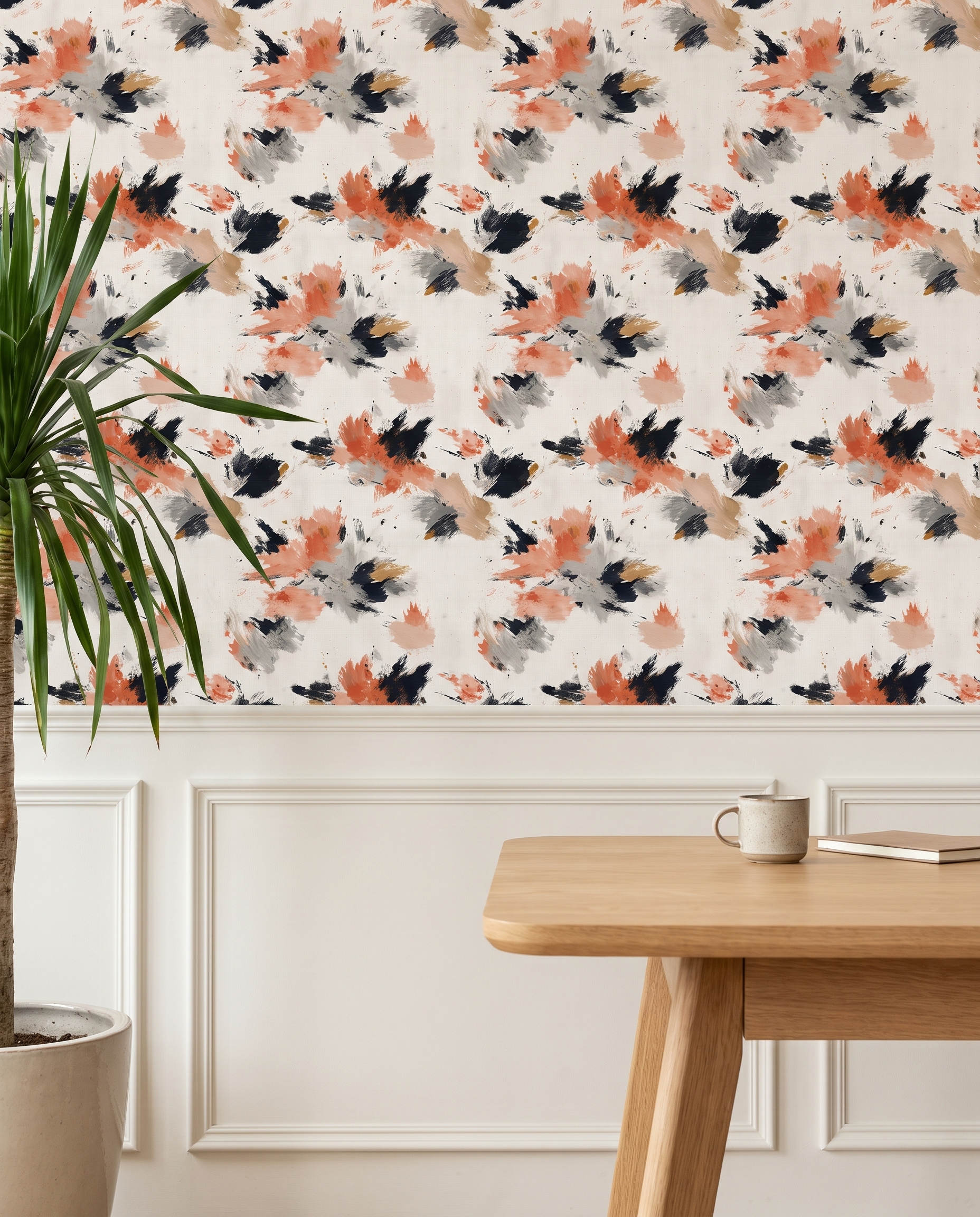 Abstract Brushstroke Wallpaper in Terracotta, Black and Grey, Contemporary Painterly Peel and Stick Wallpaper for a Modern Bedroom Accent Wall