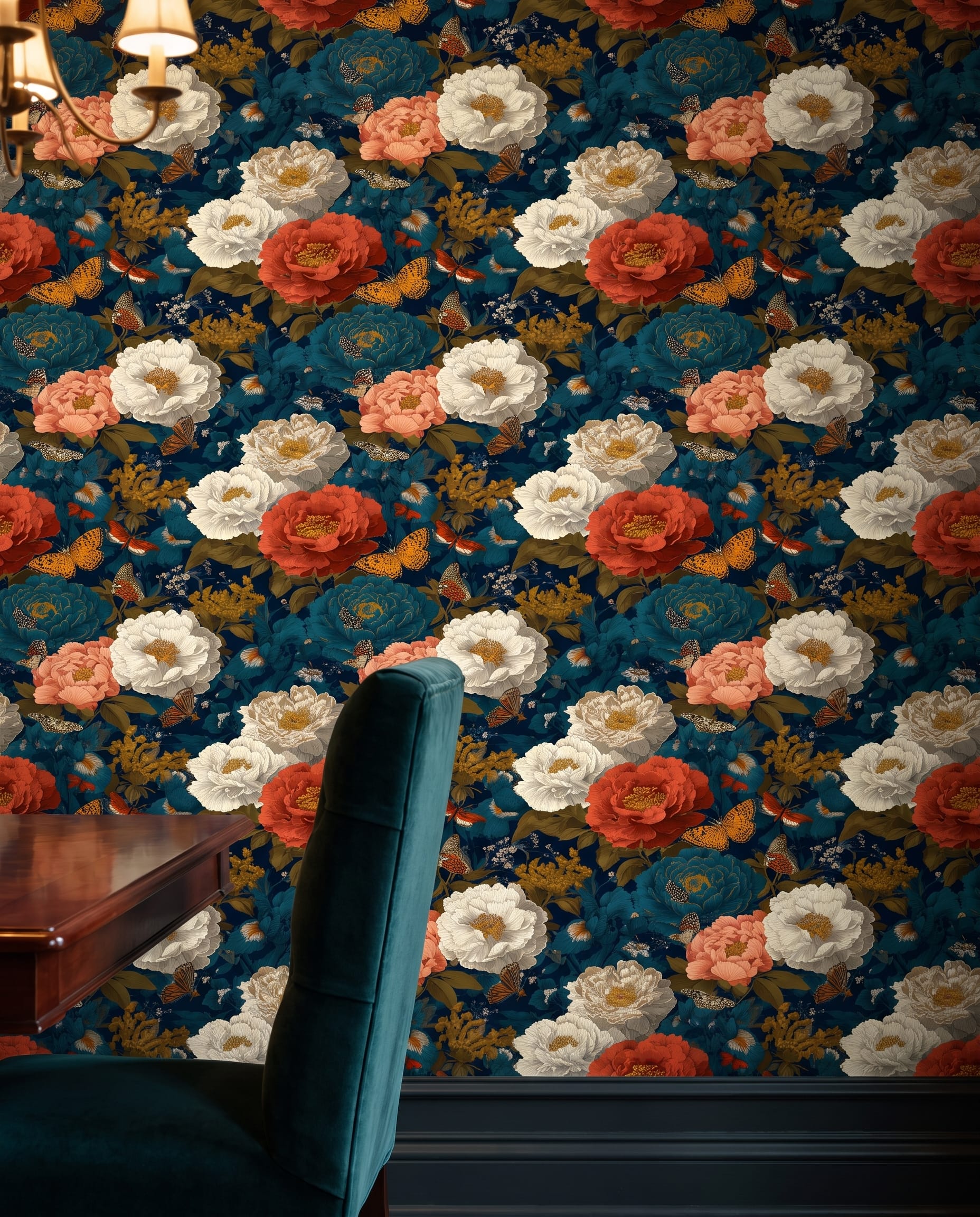 Vintage Peony and Butterfly Wallpaper in Teal and Coral on Navy, Removable Wall Mural for a Moody Bedroom Accent Wall