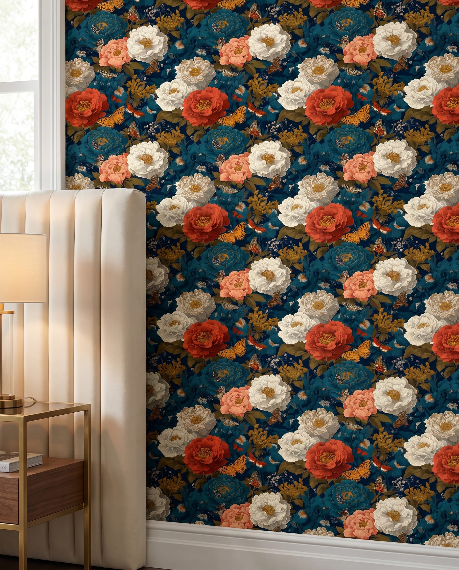 Vintage Peony and Butterfly Wallpaper in Teal and Coral on Navy, Removable Wall Mural for a Moody Bedroom Accent Wall