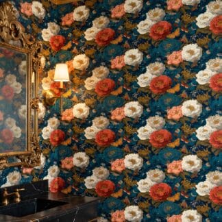 Vintage Peony and Butterfly Wallpaper in Teal and Coral on Navy, Removable Wall Mural for a Moody Bedroom Accent Wall