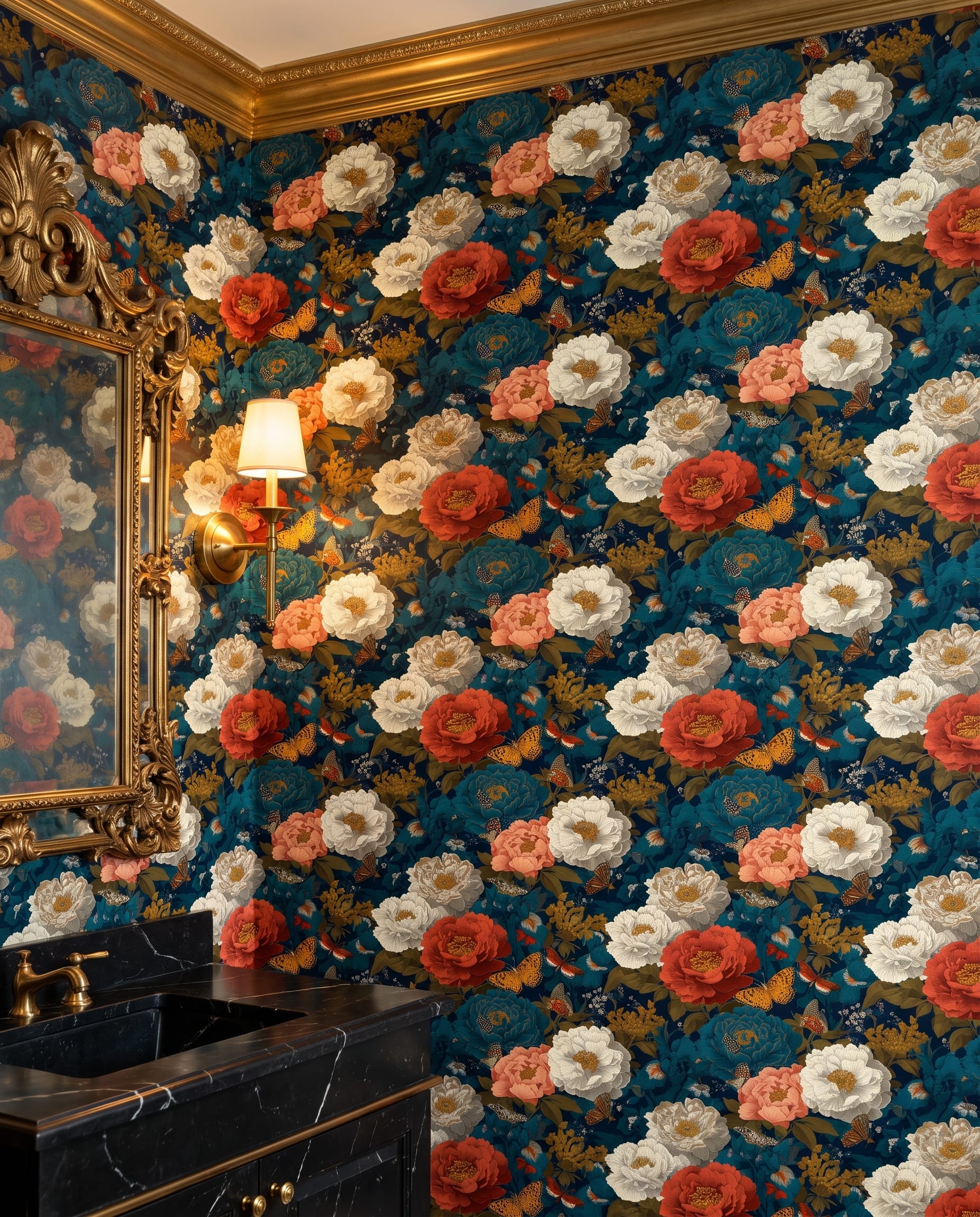 Vintage Peony and Butterfly Wallpaper in Teal and Coral on Navy, Removable Wall Mural for a Moody Bedroom Accent Wall