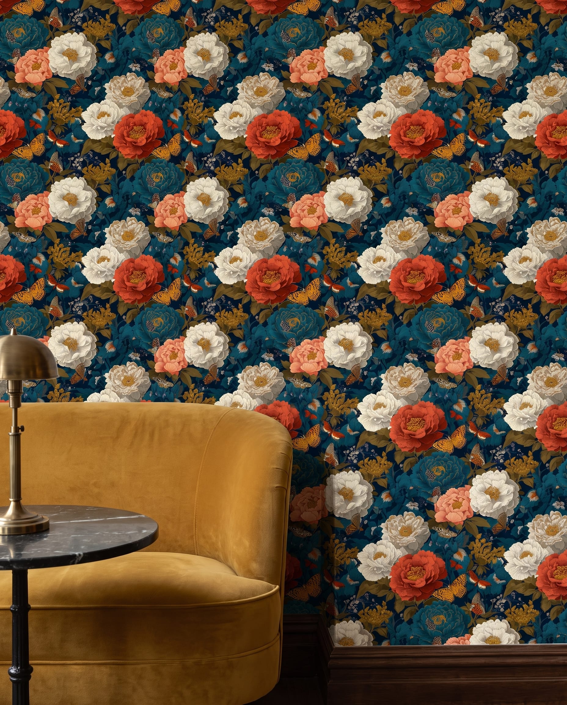 Vintage Peony and Butterfly Wallpaper in Teal and Coral on Navy, Removable Wall Mural for a Moody Bedroom Accent Wall