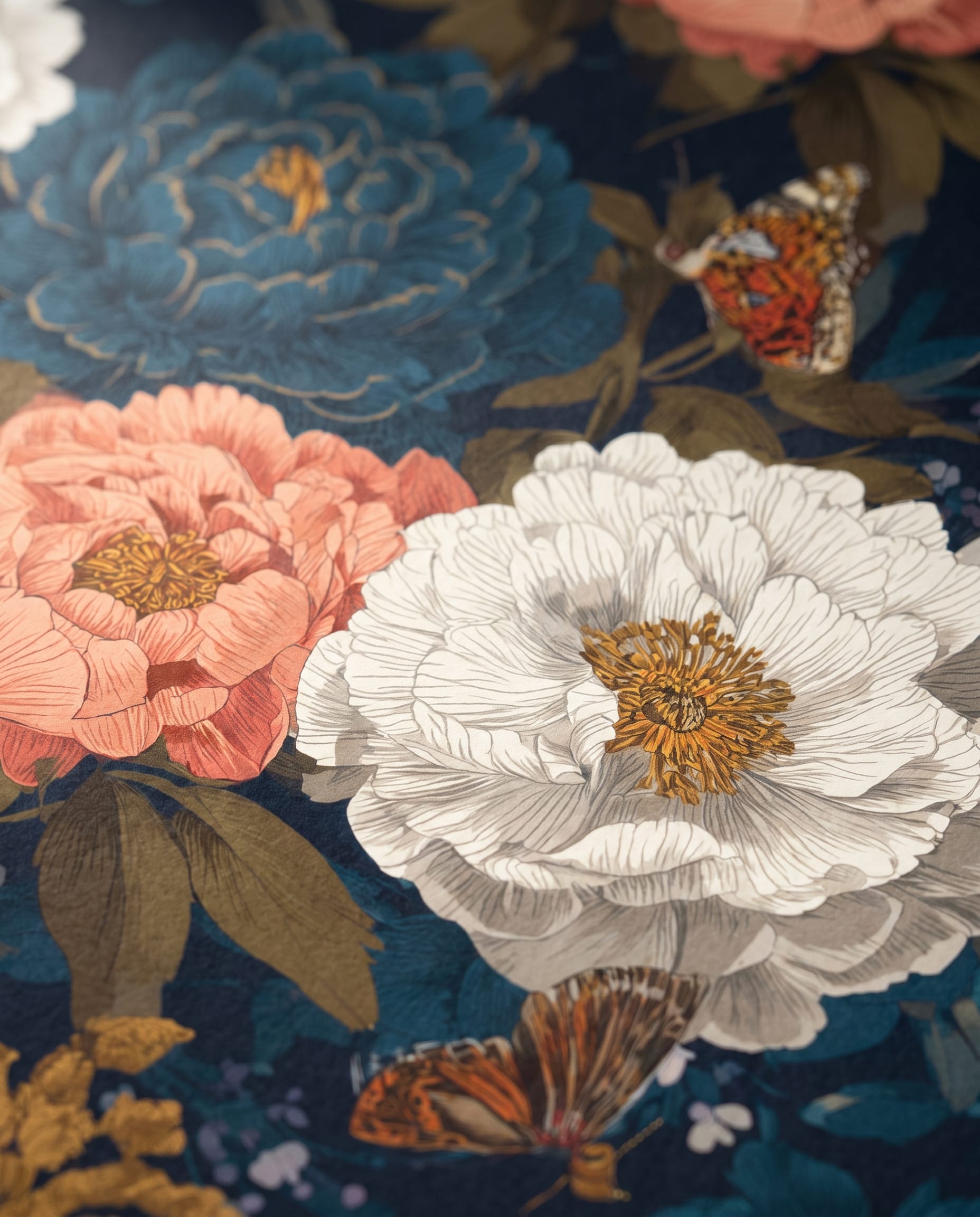 Vintage Peony and Butterfly Wallpaper in Teal and Coral on Navy, Removable Wall Mural for a Moody Bedroom Accent Wall