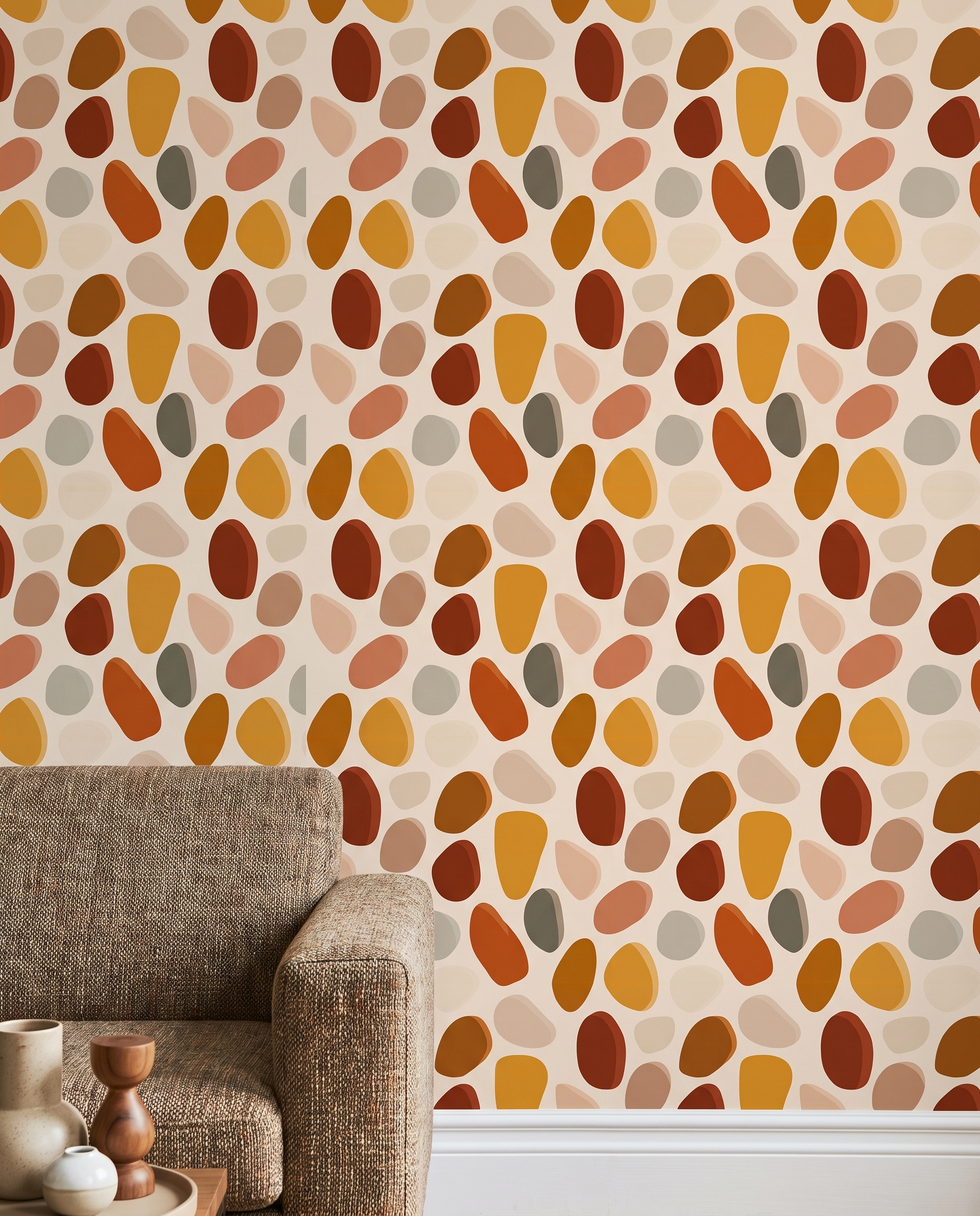 Abstract Pebbles Wallpaper in Earthy Terracotta Tones, Contemporary Peel and Stick Wallpaper for a Mid-Century Modern Accent Wall