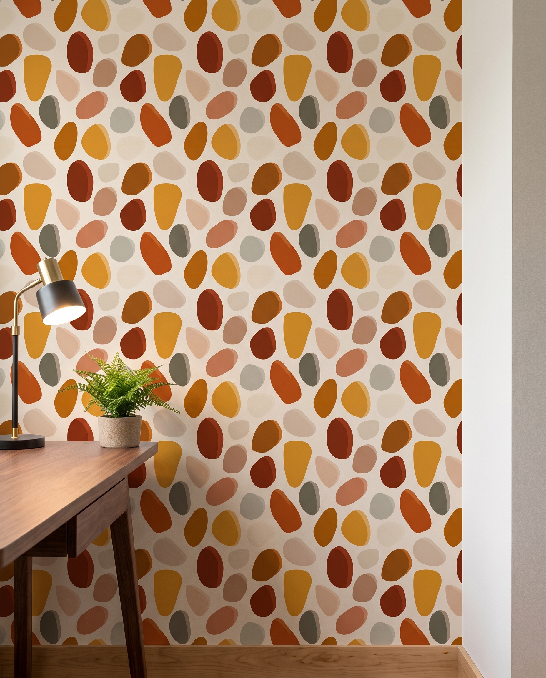 Abstract Pebbles Wallpaper in Earthy Terracotta Tones, Contemporary Peel and Stick Wallpaper for a Mid-Century Modern Accent Wall