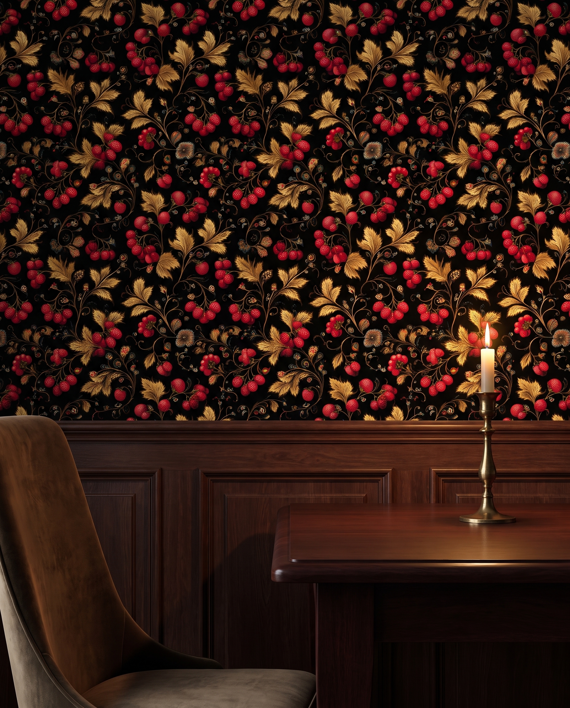 Vintage Strawberry Botanical Wallpaper in Black and Gold, Red Berry Vine Peel and Stick Wallpaper for a Dramatic Accent Wall
