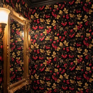 Vintage Strawberry Botanical Wallpaper in Black and Gold, Red Berry Vine Peel and Stick Wallpaper for a Dramatic Accent Wall