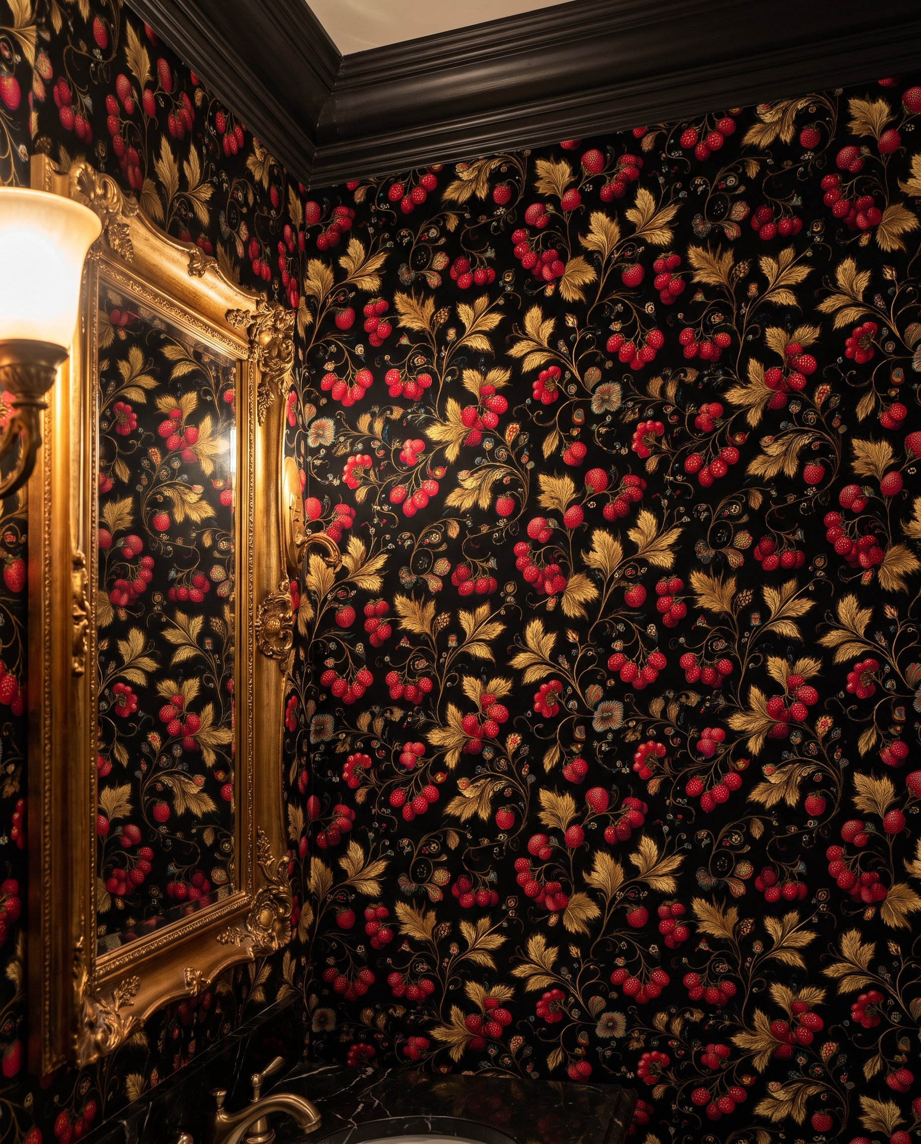 Vintage Strawberry Botanical Wallpaper in Black and Gold, Red Berry Vine Peel and Stick Wallpaper for a Dramatic Accent Wall