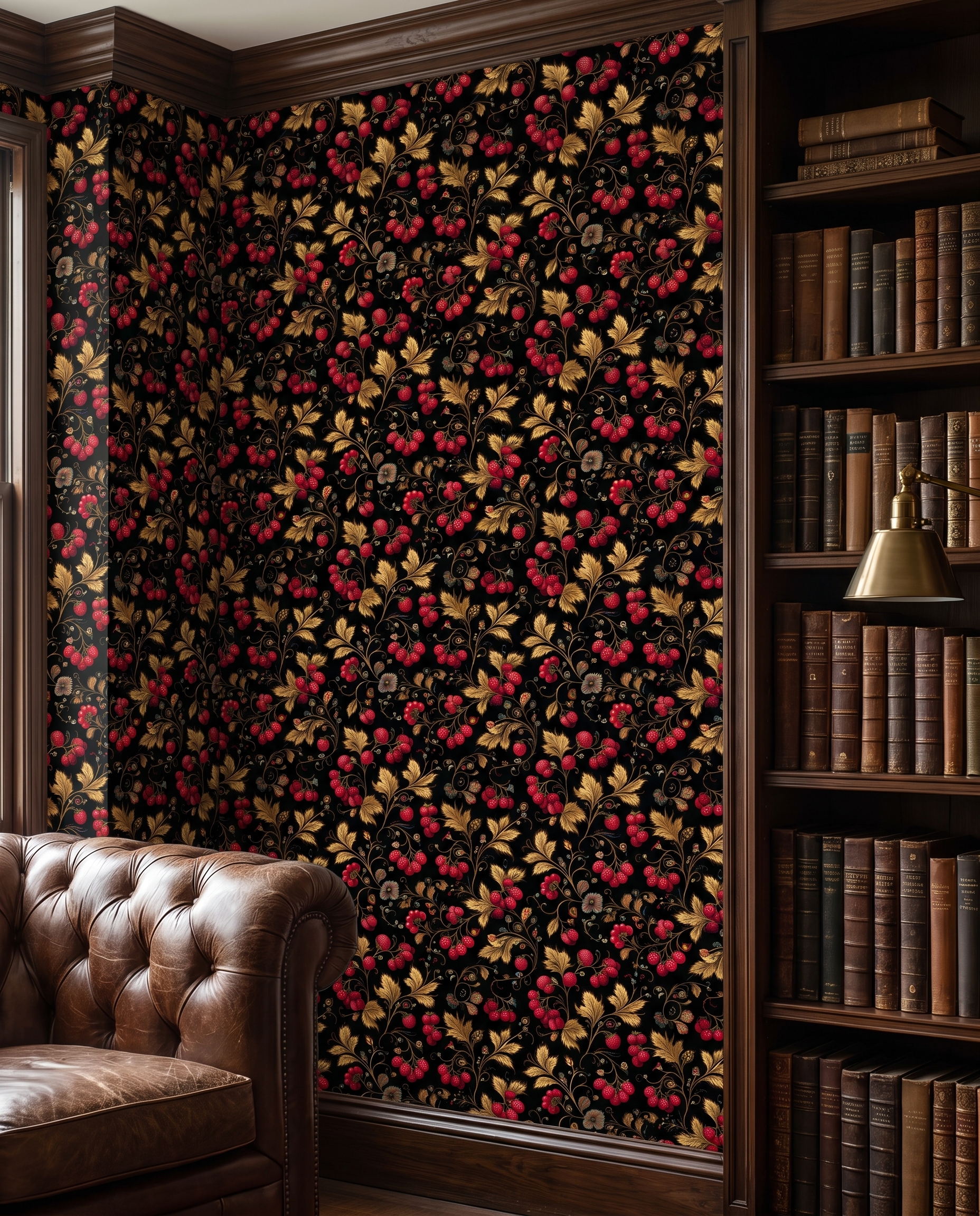 Vintage Strawberry Botanical Wallpaper in Black and Gold, Red Berry Vine Peel and Stick Wallpaper for a Dramatic Accent Wall