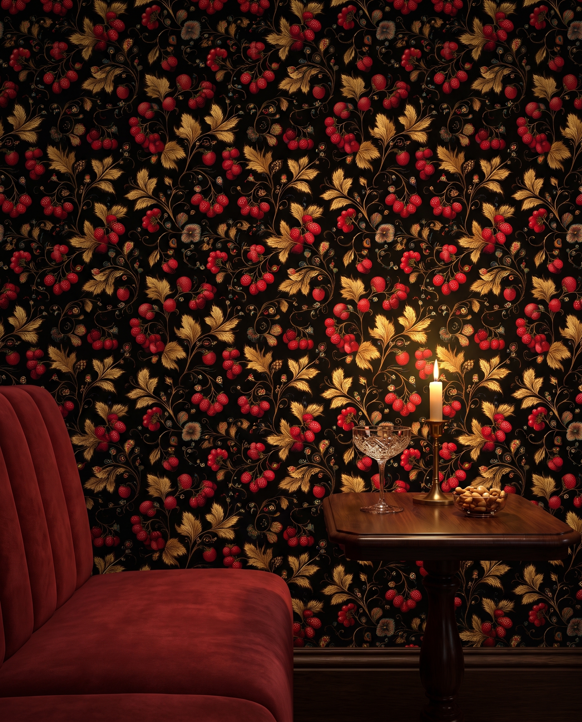 Vintage Strawberry Botanical Wallpaper in Black and Gold, Red Berry Vine Peel and Stick Wallpaper for a Dramatic Accent Wall