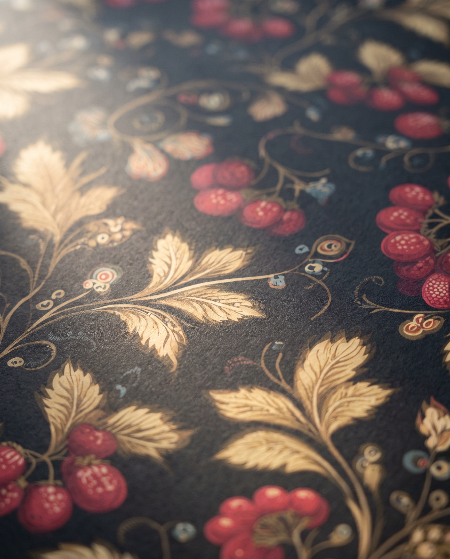 Vintage Strawberry Botanical Wallpaper in Black and Gold, Red Berry Vine Peel and Stick Wallpaper for a Dramatic Accent Wall