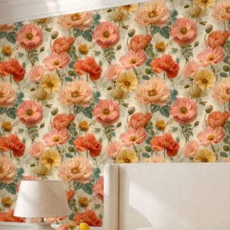 Vintage Poppy Floral Wallpaper in Peach and Yellow, Removable Wall Mural, Peel and Stick Wallpaper for a Romantic Bedroom Accent Wall