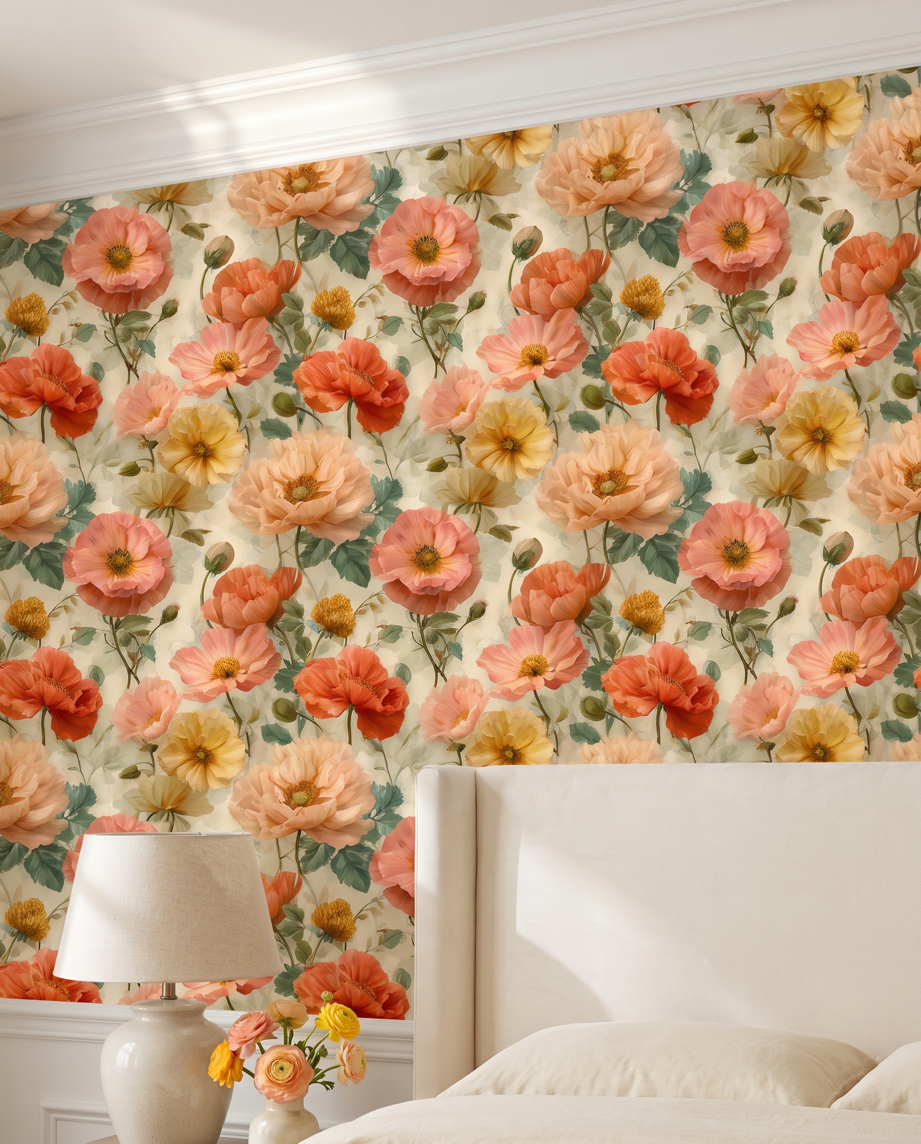 Vintage Poppy Floral Wallpaper in Peach and Yellow, Removable Wall Mural, Peel and Stick Wallpaper for a Romantic Bedroom Accent Wall