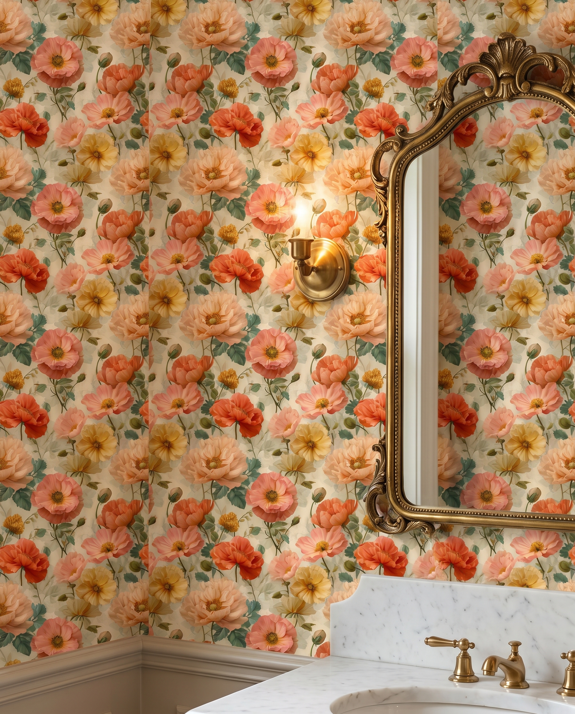 Vintage Poppy Floral Wallpaper in Peach and Yellow, Removable Wall Mural, Peel and Stick Wallpaper for a Romantic Bedroom Accent Wall