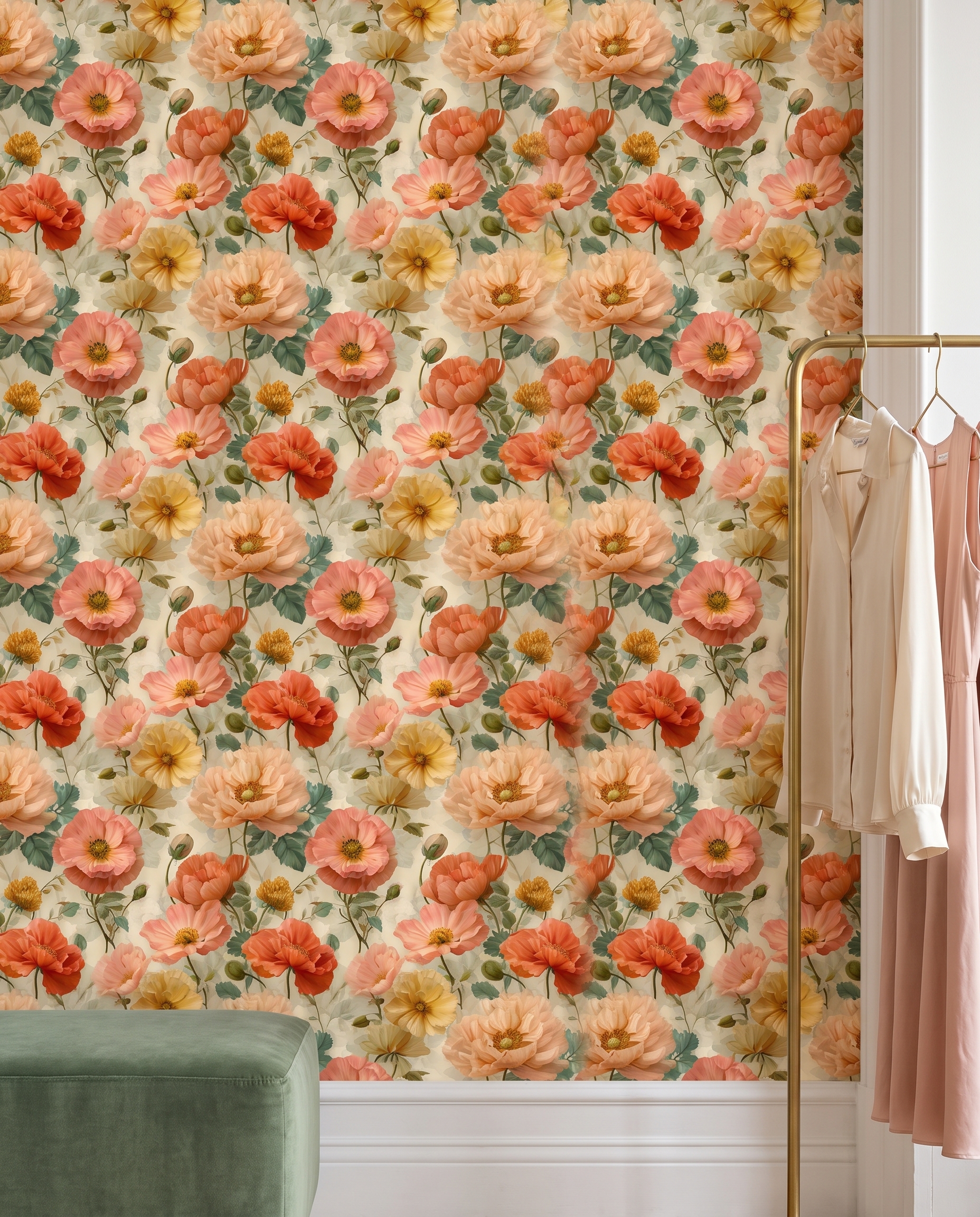 Vintage Poppy Floral Wallpaper in Peach and Yellow, Removable Wall Mural, Peel and Stick Wallpaper for a Romantic Bedroom Accent Wall