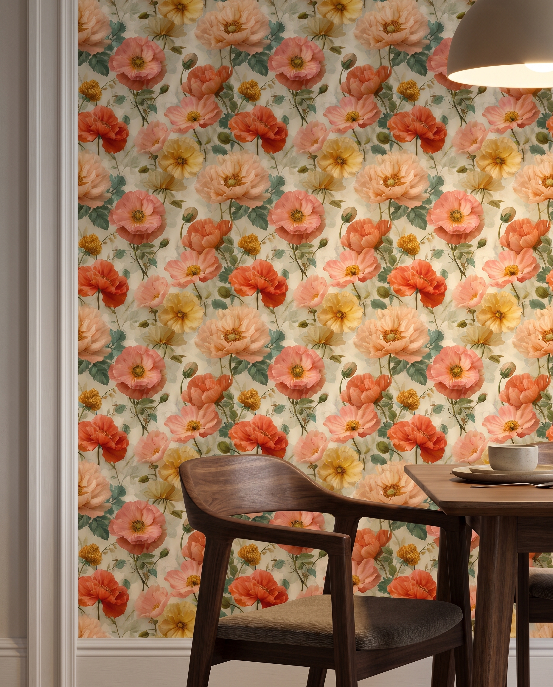 Vintage Poppy Floral Wallpaper in Peach and Yellow, Removable Wall Mural, Peel and Stick Wallpaper for a Romantic Bedroom Accent Wall