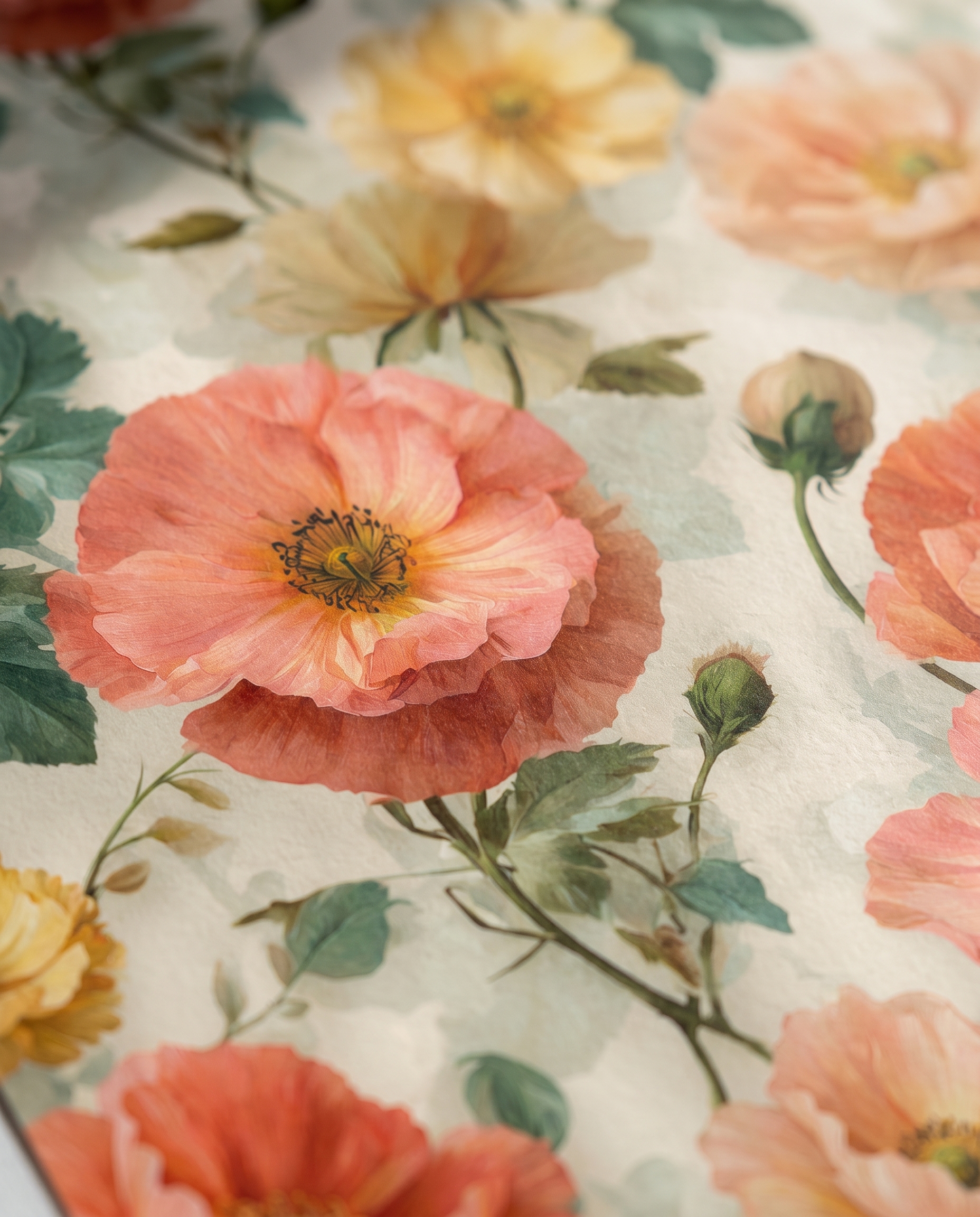 Vintage Poppy Floral Wallpaper in Peach and Yellow, Removable Wall Mural, Peel and Stick Wallpaper for a Romantic Bedroom Accent Wall