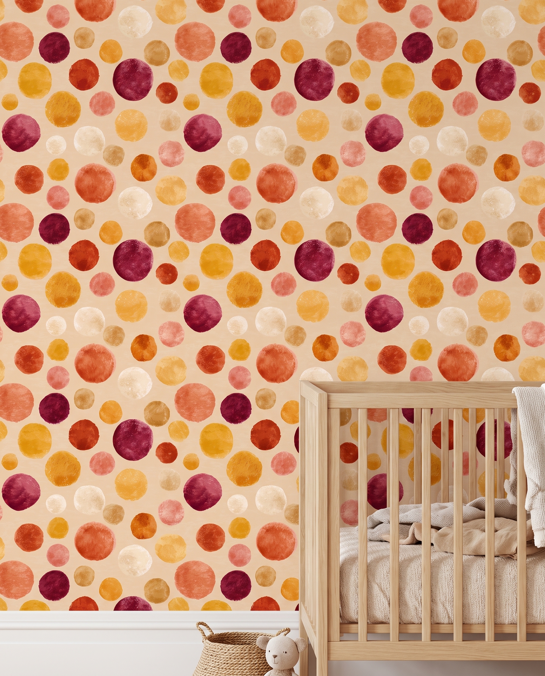 Playful Crayon Dots Wallpaper in Warm Tones, Retro Geometric Circles, Removable Peel and Stick Wallpaper for Nursery or Kids Room Accent Wall