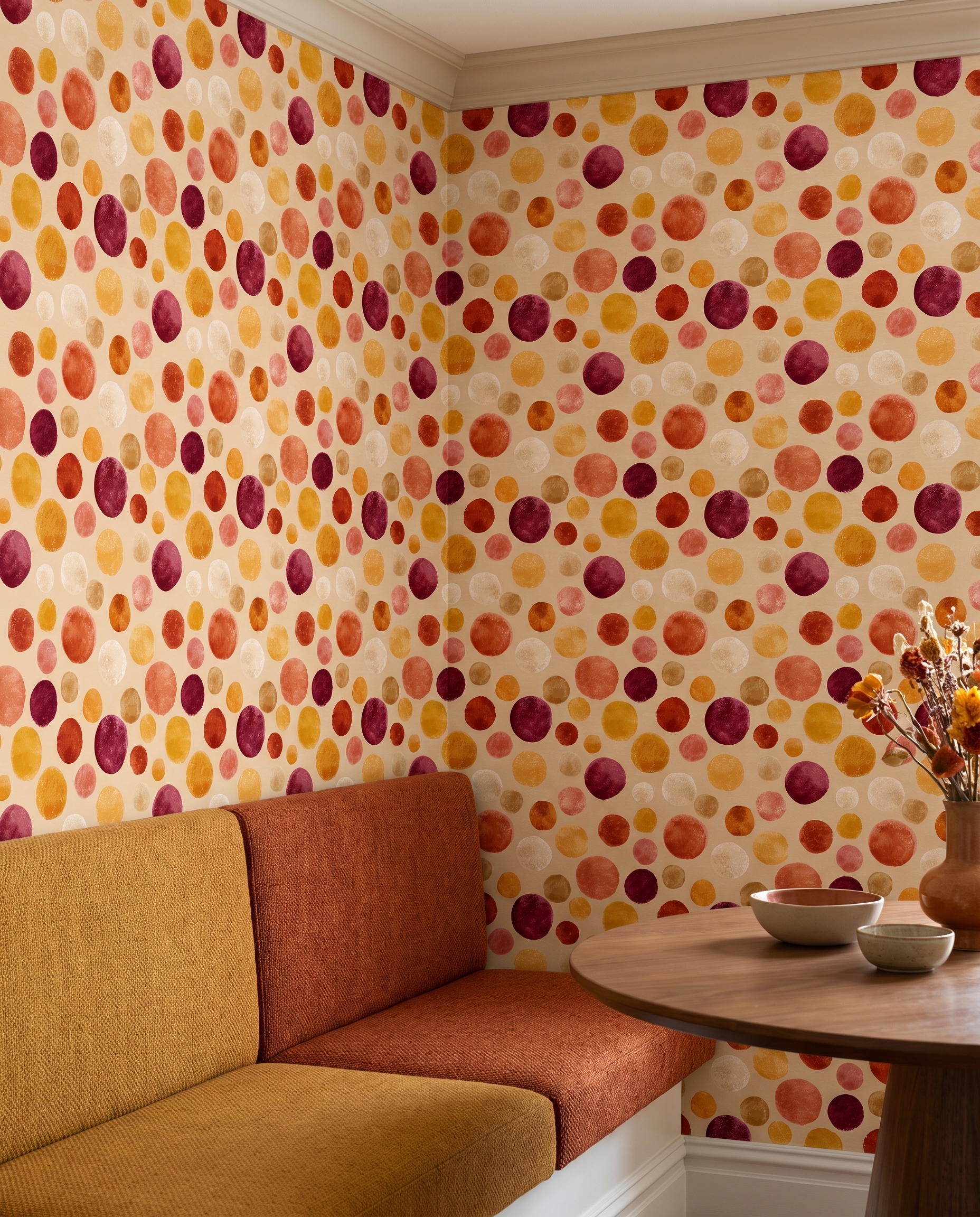 Playful Crayon Dots Wallpaper in Warm Tones, Retro Geometric Circles, Removable Peel and Stick Wallpaper for Nursery or Kids Room Accent Wall